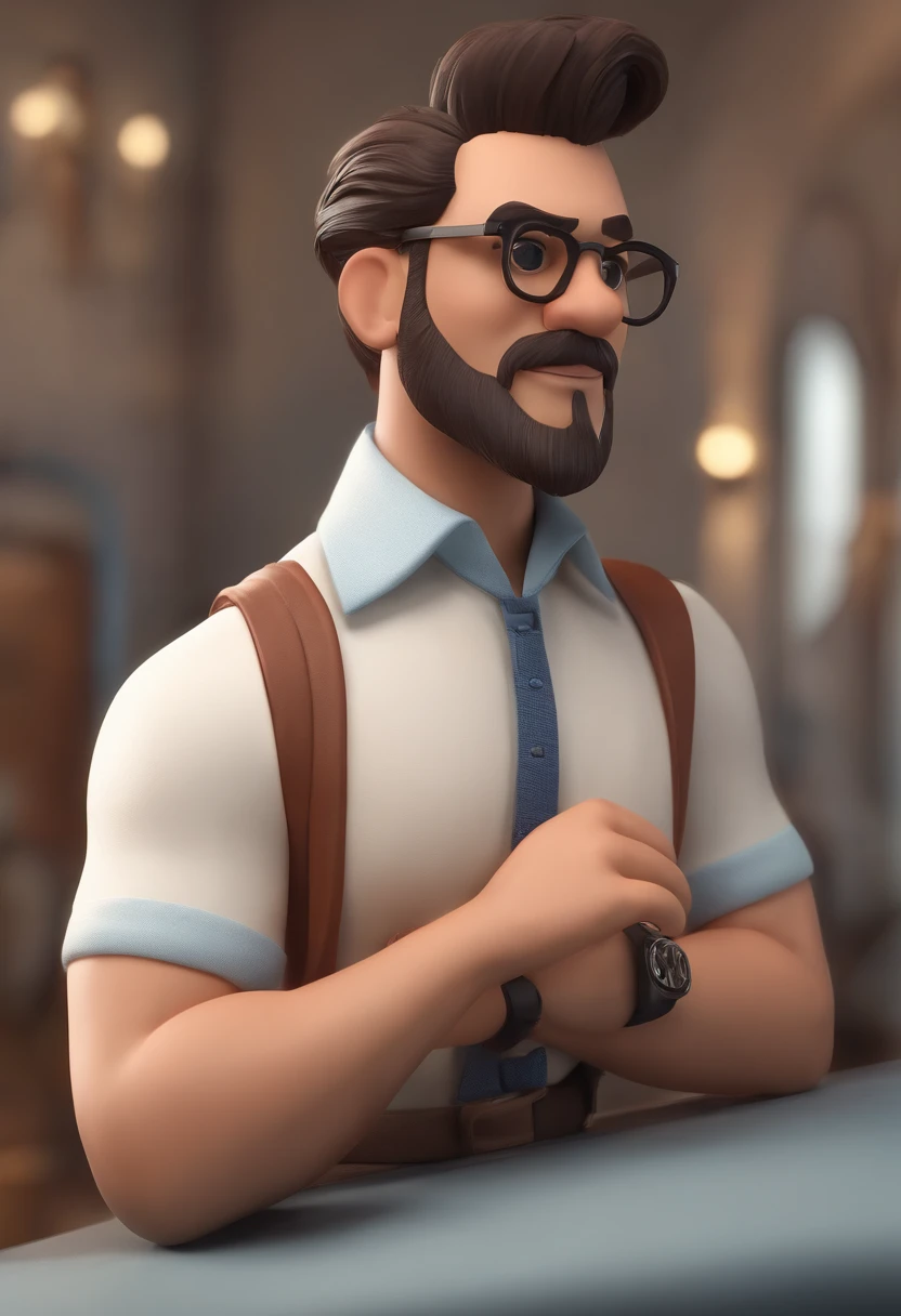 Personaje de dibujos animados de un hombre con gafas negras y una camisa azul, Un personaje animado, stylized character, Rendering animation styles, 3D estilizado, Arnold Maya render, 3D render estilizado, Toon renderizar keyshot, Personaje 3D, Personaje 3D, Renderizado 3D estilizado, Renderizado de 3 caracteres D, Personaje de dibujos animados, Personaje de primer plano, Pose del personaje, (estilo pixar) (Pieza maestra:1.2) (Bokeh) (La mejor calidad) (Piel detallada) (Textura detallada) (8k) (arcilla) (cinematic lighting) (foco nítido,Se sienta y ahueca la parte superior del cuerpo
