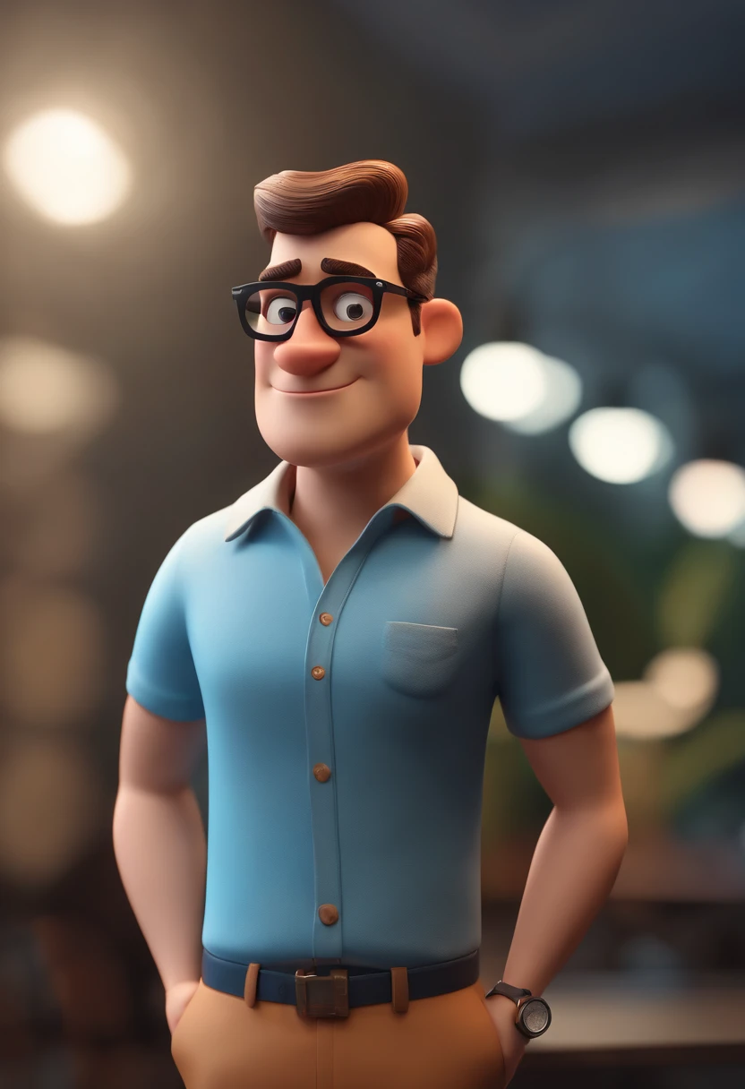 Cartoon character of a man wearing black glasses and a blue shirt, um personagem animado, Caractere estilizado, animation style rendering, 3D estilizado, Arnold Maya render, 3 d render stylized, toon render keyshot, Personagem 3D, Personagem 3D, 3d rendering stylized, 3 d character render, personagem de desenho animado, Personagem de close up, Pose de personagem, (Estilo Pixar) (master part:1.2) (Bokeh) (best quality) (pele detalhada) (textura detalhada) (8k) (argila) (Cinematic lighting) (foco nítido，Senta e vaza a parte superior do corpo