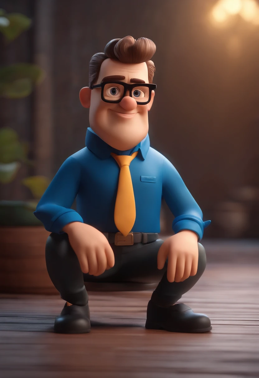 Cartoon character of a man wearing black glasses and a blue shirt, um personagem animado, Caractere estilizado, animation style rendering, 3D estilizado, Arnold Maya render, 3 d render stylized, toon render keyshot, Personagem 3D, Personagem 3D, 3d rendering stylized, 3 d character render, personagem de desenho animado, Personagem de close up, Pose de personagem, (Estilo Pixar) (master part:1.2) (Bokeh) (best quality) (pele detalhada) (textura detalhada) (8k) (argila) (Cinematic lighting) (foco nítido,Senta e vaza a parte superior do corpo