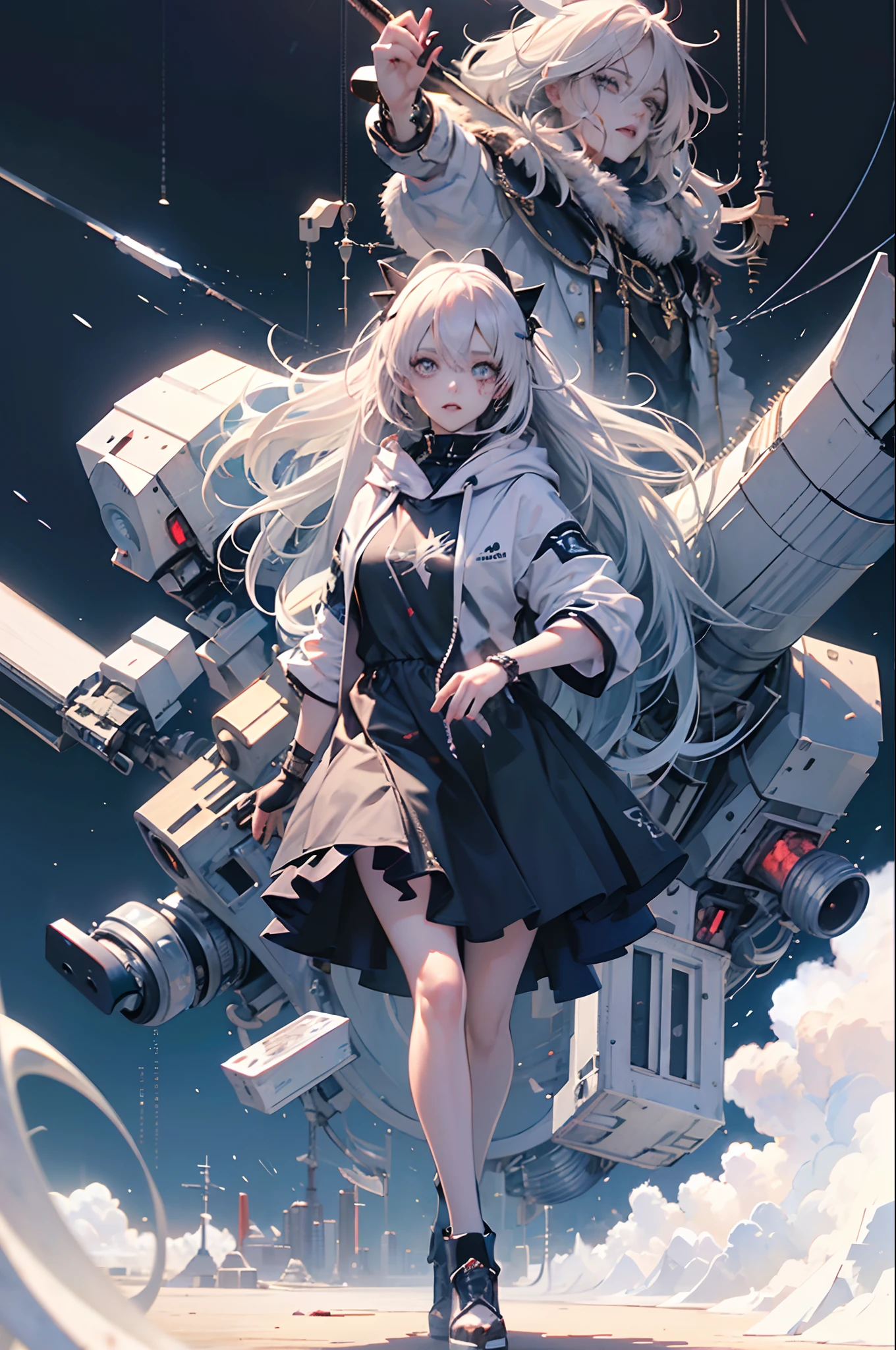 (Eyes are blue),(The hair is white and long),girl wearing hoodie,Return blood,A detailed face,A detailed eye,(Masterpiece),(hiquality)an anime girl,full bodyesbian