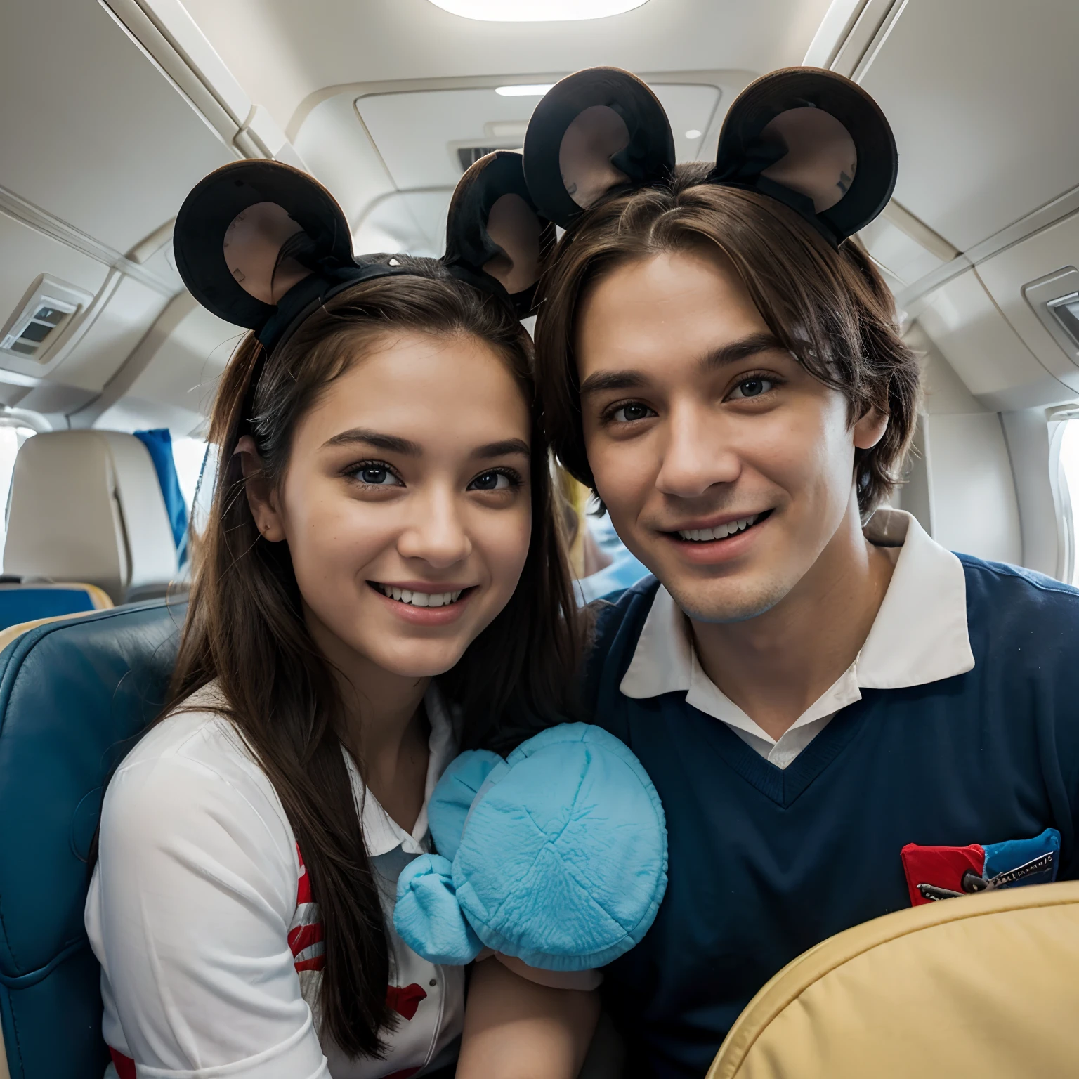 (best quality,ultra-detailed,realistic:1.37), Disney-style father and son in an airplane, cartoonish, vibrant colors, joyful atmosphere, happy expressions, detailed facial features, whimsical and playful, soft and warm lighting, airplane interior, cozy seats, father wearing Mickey Mouse ears, son holding a Mickey Mouse plush toy, flight attendants in Disney-themed uniforms, window view of fluffy clouds and blue sky, excitement and anticipation in their eyes.