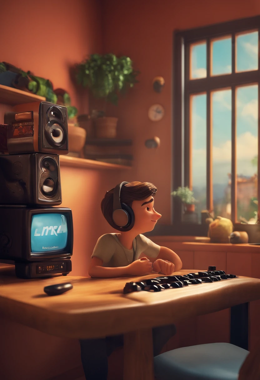 um homem, em breve, barba curta, olhos castanhos, com fones de ouvido, A music studio in the background, Imagem no estilo Pixar, Estilo de filme animado 3D, Disney, camiseta preta