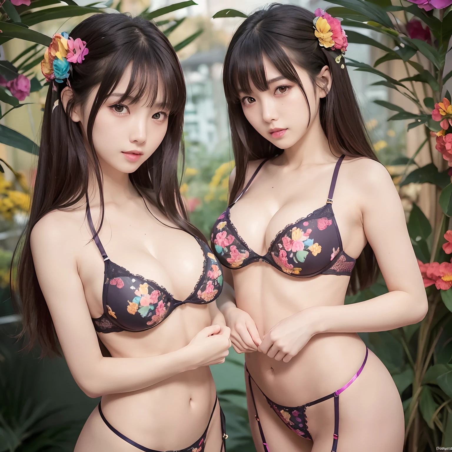 (8K, Raw photo, Best Quality, masutepiece:1.2), high-definition RAW color photography, professional photograpy, Full body, (Realistic, photographrealistic:1.37), ((Best Quality)), 2 Girl, Cinematic Light, (finerly detailed face:1.2), (masutepiece:1.5), (Best Quality:1.2), (contented smile:1.5), (Looking at Viewer:1.2), (Colorful sexy lingerie with detailed floral pattern:1.5), low-tied long hair, Shiny skin, slender, (huge-breasted:1.6), (symmetrical docking:1.3), In the city, ulzzang-6500,