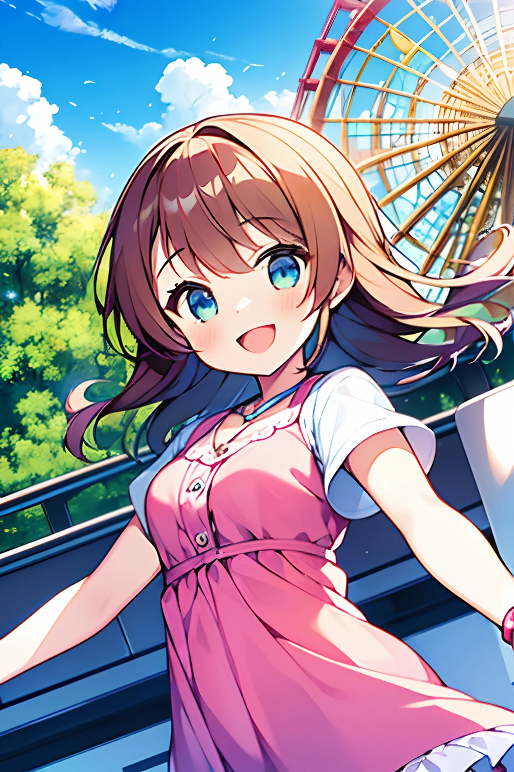 1girl, young girl, happy, in the amusement park, cute, happiness, colorful, dreamy