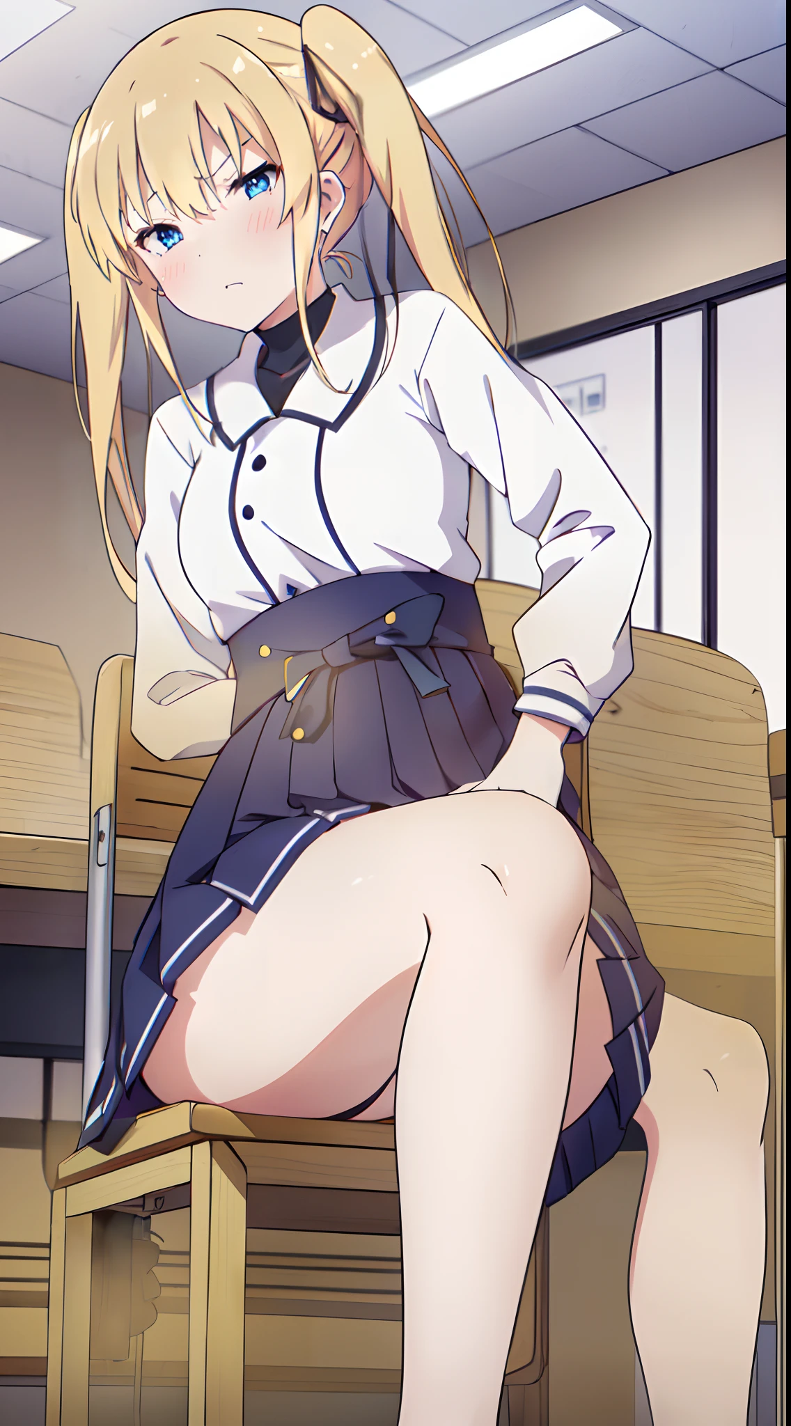 ((masutepiece, hight resolution,depth of fields, 4K,nffsw,))),Sawamura Spencer Eri々,a blond,Twin-tailed,Beautiful blue eyes, Girl fart,You are smelling bad smells,Yellow smoke,Classroom during class,Girl sitting on a chair and taking class,Girl fart,Keep your legs closed