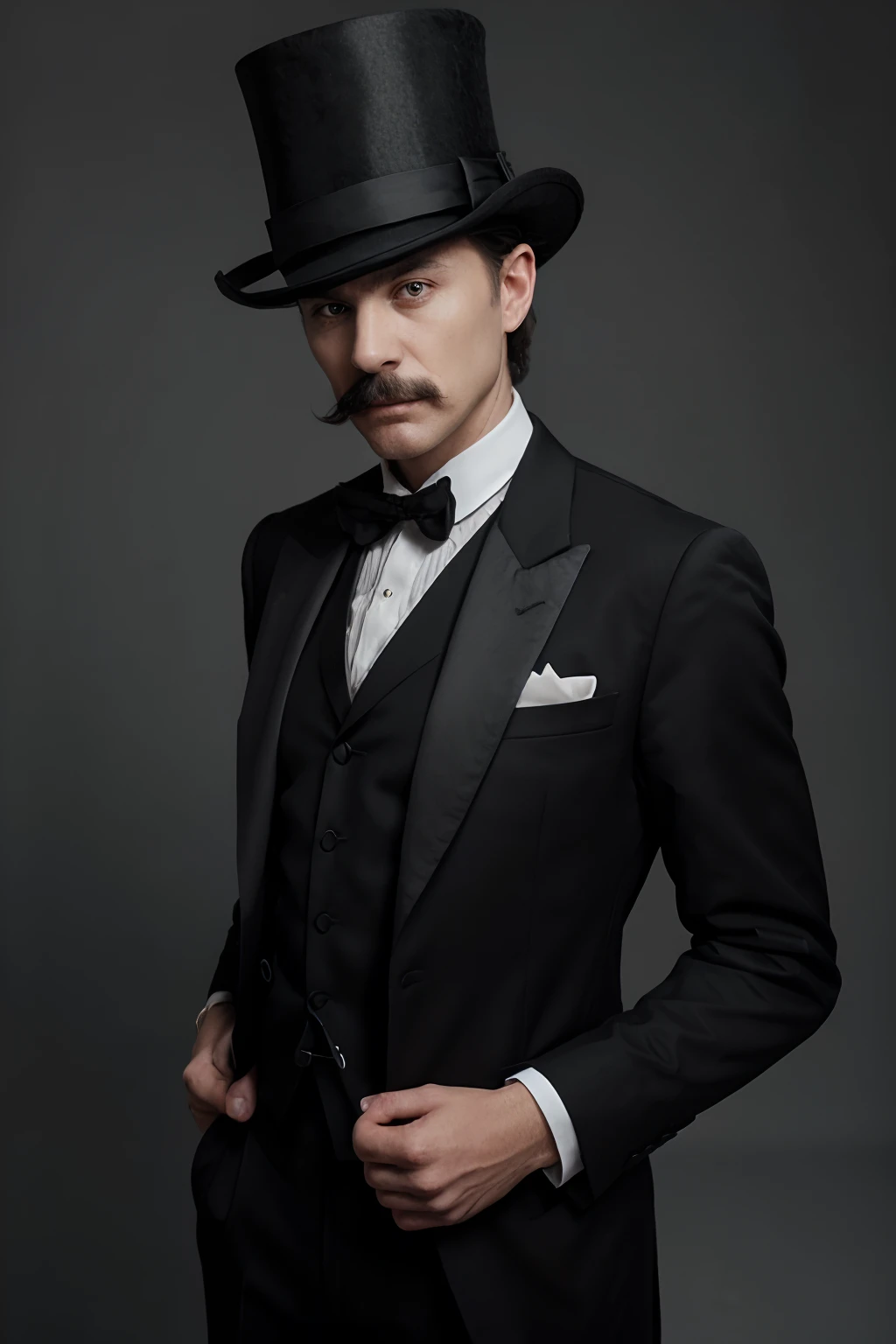 A Strange Man dressed in a black two-piece suit, with a grey vest, a black tie and top hat. He has a well-maintained mustache and deathly pale skin with dreamy, pensive eyes.