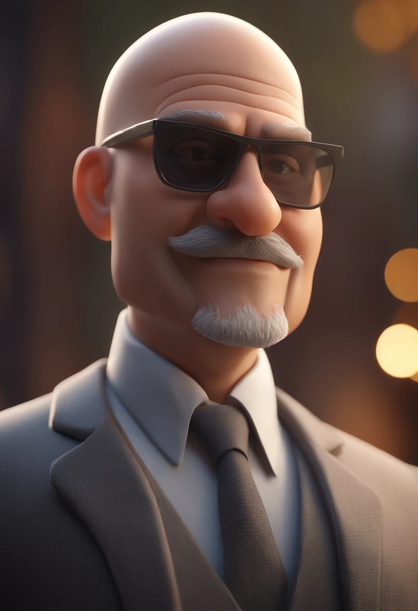 Cartoon character of a bald man with a gray beard with sunglasses, animation character, Caractere estilizado, animation style rendering, 3D estilizado, Arnold Maya render, 3 d render stylized, toon render keyshot, Personagem 3D, Personagem 3D, 3d rendering stylized, 3 d character render, personagem de desenho animado, Personagem de close up, Pose de personagem, (Estilo Pixar) (master part:1.2) (Bokeh) (best quality) (pele detalhada) (textura detalhada) (8k) (argila) (Cinematic lighting) (foco nítido