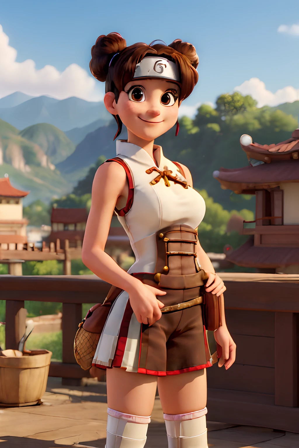 (masterpiece, best quality:1.2), cowboy shot, solo, 1girl, tenten, smile, looking at viewer, hands on hips, double bun, forehead protector, chinese clothes, white china dress, sleeveless, fishnets, fishnet thighhighs