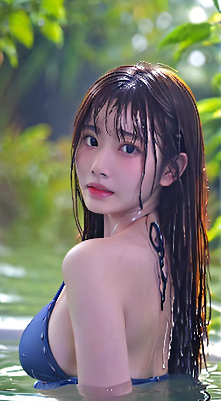 (Best Quality, masutepiece, Ultra HD: 1.3), 1womanl, （middlebreasts）, light brown hair,  Asymmetrical hair , half up ,wetting hair,（slender body shape,Constricted waist）, （Ultra Fine Face）, Delicate lips,（beautidful eyes）, thin blush, eyes are brown, （Wet and shiny skin:1.3）, hide one's hands, Navy blue bikini, (Wet:1.5),(a japanese girl,hposing Gravure Idol),bustshot,Broad-leaved forest,outdoor bath