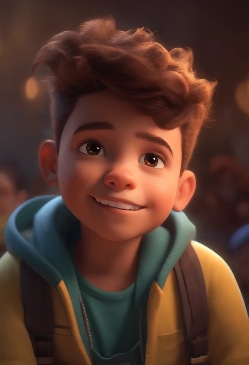 Image of a boy for a story in a YouTube video in Pixar format, He's the little allabester, He's the class leader, He's outgoing, Playful and gets up for a lot of things, cabelo curto