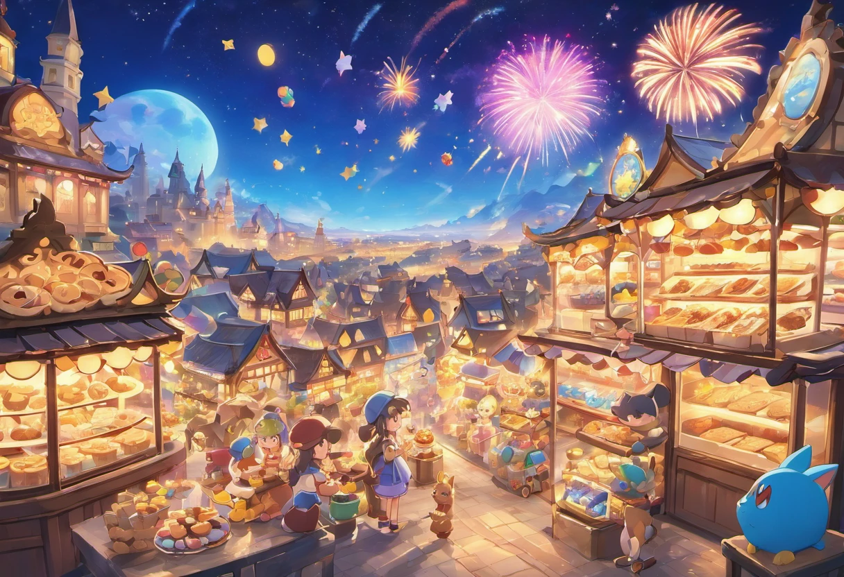 Night view of the land of sweets、The dynamic and expansive cityscape can be seen far into the distance、A boy and a wolf are overwhelmed by the magnificent cityscape、Back view of the boy and the wolf、Fantastic atmosphere、Watching from a distance、A house made of cookies has a chocolate roof、Rides made of candy、Table made of chocolate、A sparkling world、top-quality、​masterpiece、night landscape、A city illuminated by street lamps、Be overwhelmed by the powerful cityscape、You can see the Ferris wheel in the distance、Fireworks are going off、Cotton candy cloud、Cityscape illuminated by moonlit night、Twinkling Stars、Mixed Juice Lakes、Detailed building window frames and even cookies、