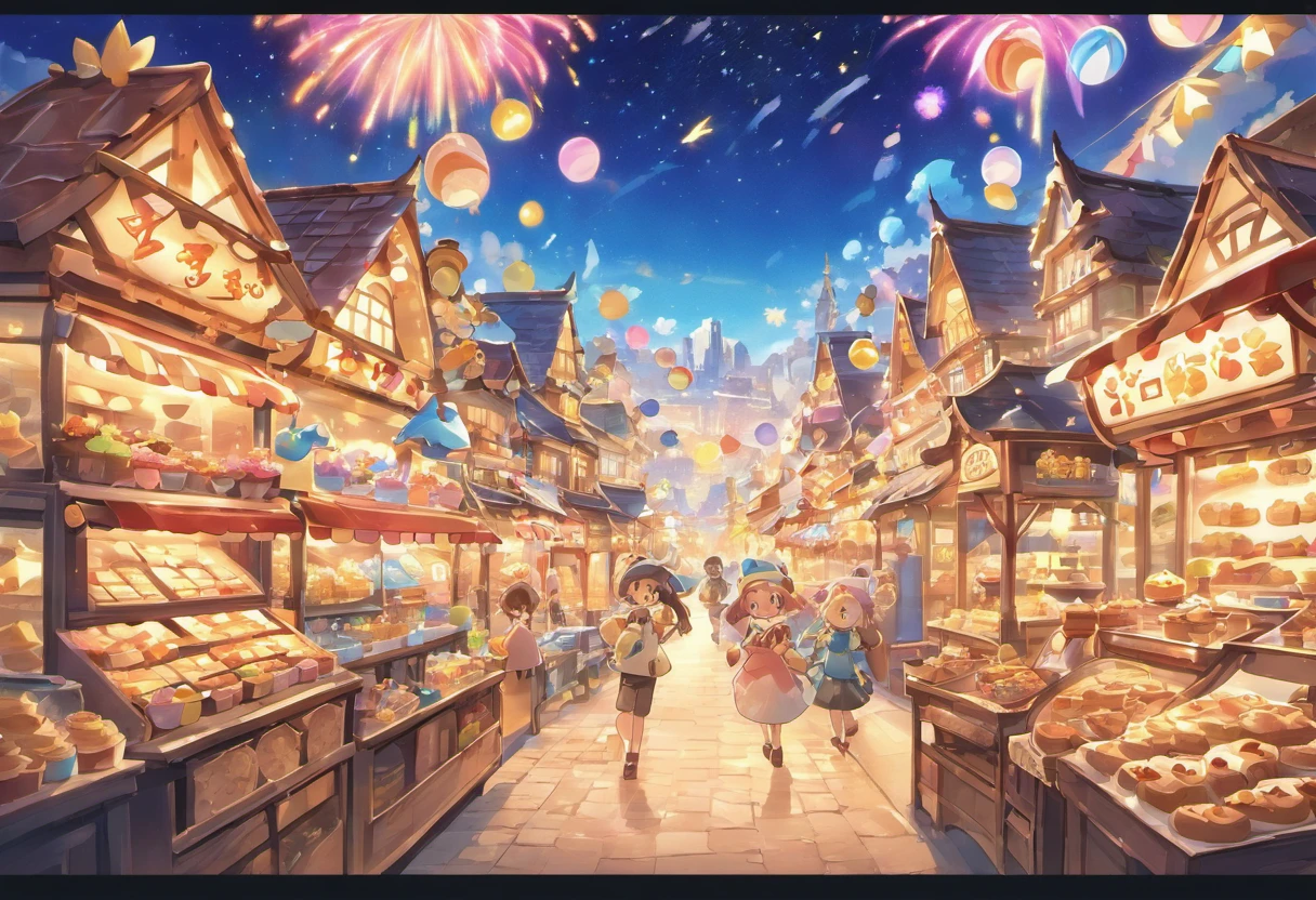 Night view of the land of sweets、The dynamic and expansive cityscape can be seen far into the distance、A boy and a wolf are overwhelmed by the magnificent cityscape、Back view of the boy and the wolf、Fantastic atmosphere、Watching from a distance、A house made of cookies has a chocolate roof、Rides made of candy、Table made of chocolate、A sparkling world、top-quality、masterpiece、night landscape、A city illuminated by street lamps、Be overwhelmed by the powerful cityscape、You can see the Ferris wheel in the distance、Fireworks are going off、Cotton candy cloud、Cityscape illuminated by moonlit night、Twinkling Stars、Mixed Juice Lakes、Detailed building window frames and even cookies、
