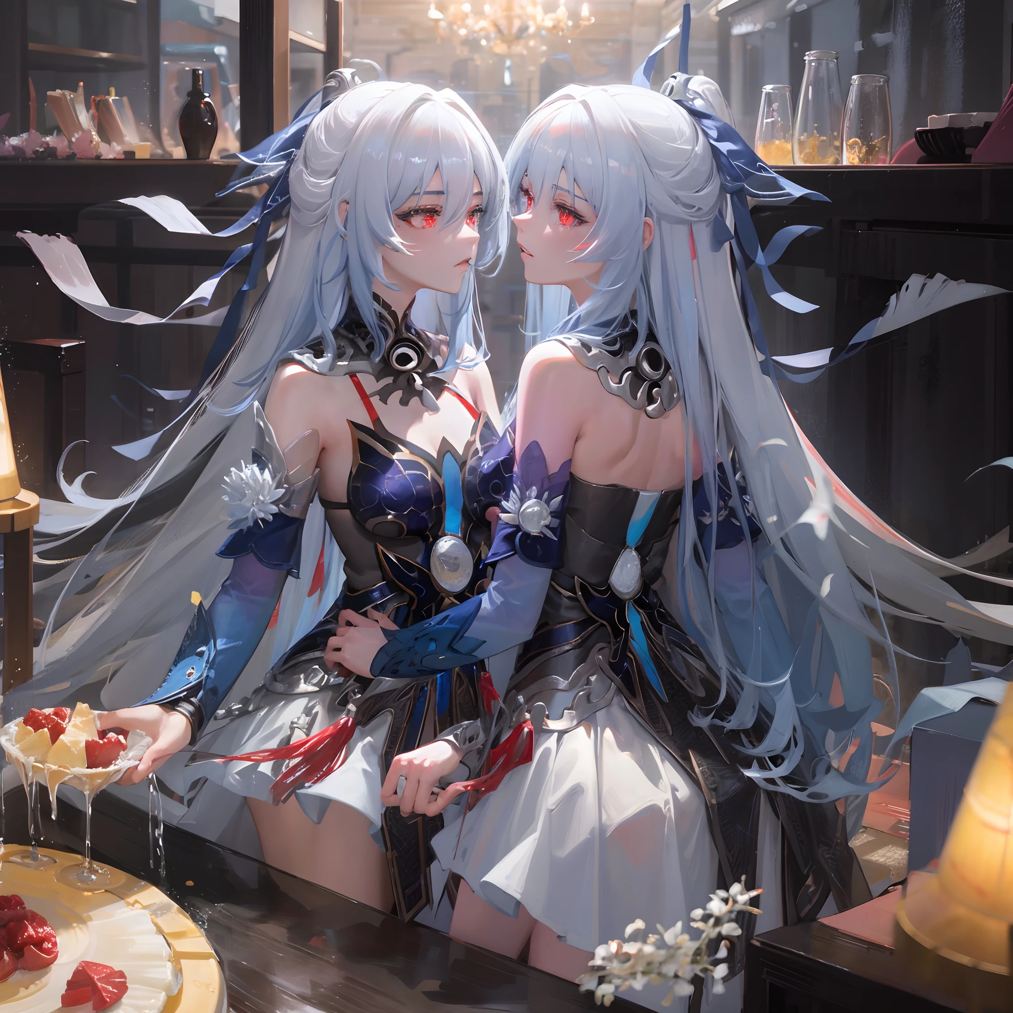 Masterpiece,best quality,best resolution,1 woman,2 heads,details,Firefly character,long gray hair,hair accessories,Blue and purple gradient eyes,blushing,Wearing a white dress with a black cloth draped over the shoulders with a gold pattern, long white sleeves..(blue cloth chest),wearing a long blue skirt,Wear long blue socks.,normal breasts,lying in bed,bedroom background,conjoined twins,Beautiful face,Beautiful hair,beautiful eyes,beautiful body,Beautiful hands , open mouth, smile, be happy, Arms separated, arm circle, (Put your hands on your head....), (lower hand on ankle), (lower hand on leg), Full content in the frame, full body view, (four arms),(Multi-arm),(many hands), Slim shape