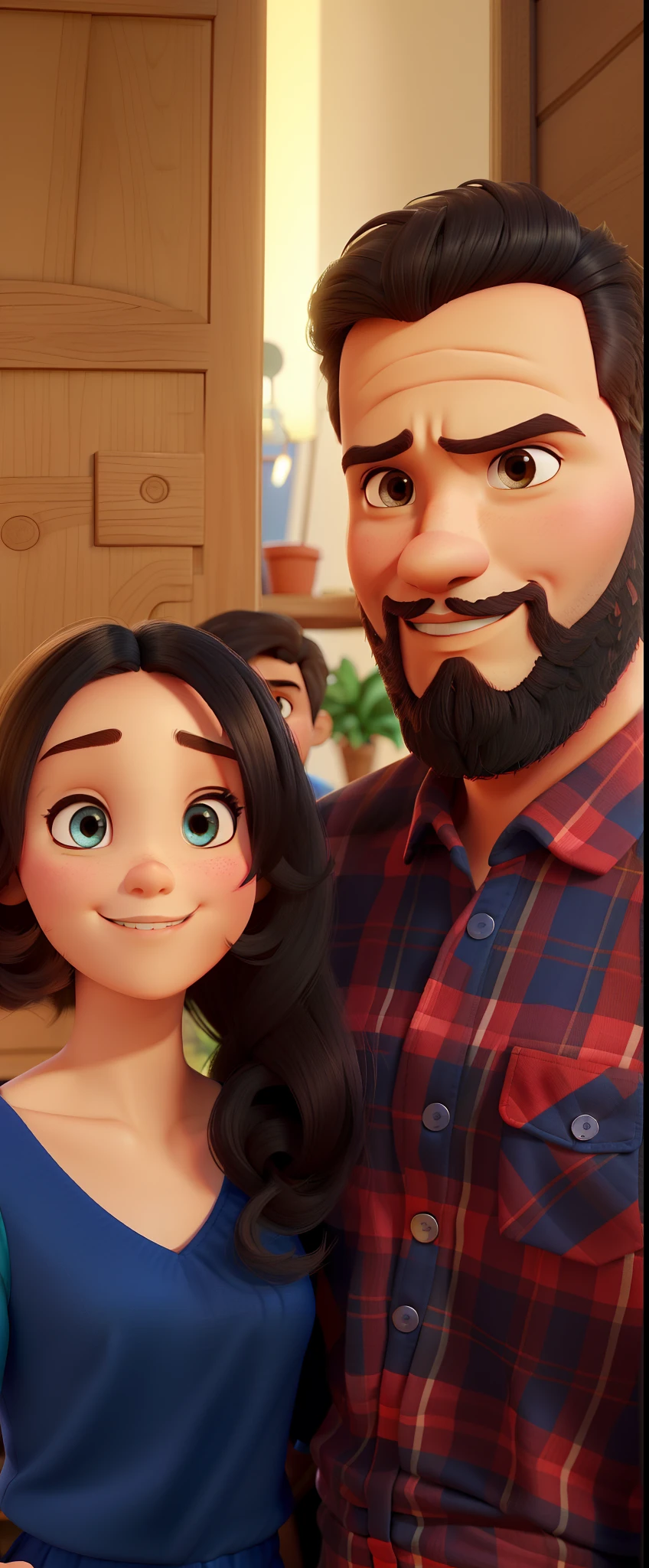 casal homem e mulher no estilo Disney Pixar, alta qualidade, melhor qualidade. Mulher de vestido azul, morena de Ton claro, cabelo cacheados longos, com brinco grande de argola, rosto meio arredondado, sobrancelha finas e olhos meio arredondado. Homem alto,moreno de Ton Claro, barba grande estilo lenhador, Hair cut in gradient style, usando blusa xadrez vermelha..