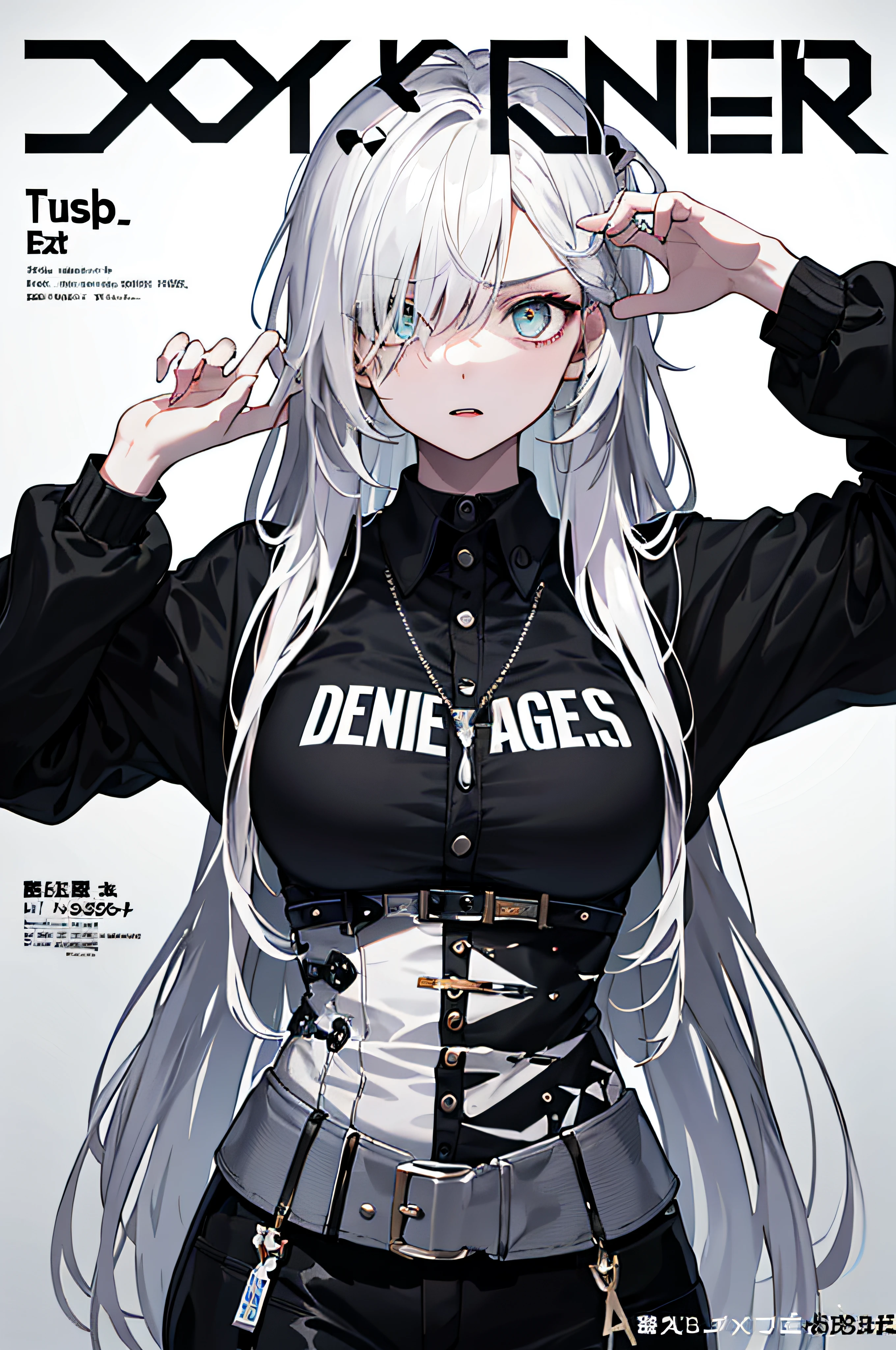 white hair, (((dramatic))), (((gritty))), (((intense)))) The movie poster features a young woman as the central character. she stands confidently in the center of the poster, dressed in fashion-forward clothing with a determined expression on her face. The background is dark and gritty, with a sense of danger and intensity. The text is bold and eye-catching, with catchy slogans that add to the overall drama and excitement. The color palette is dominated by dark colors, dotted with bright colors, giving the poster a dynamic and visual impact, tachi-e (magazine:1.3), (cover-style:1.3), fashionable, woman, vibrant, outfit, posing, front, colorful, dynamic, background, element, confident, expressive, holding, statement, attachment, majestic, coiled, around, touch, scene, text, cover, bold, eye-catching, title, fashion, font, catchy, title, bigger, eye-catching, modern, trendy, focused, stylish,