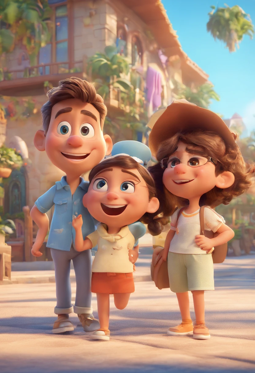 Cartoon of friends having fun on vacation together, 3D Animation Movie Poster, Poster de filme animado, pixar 3 d animation style, pixar renderman rendering, maia 8 mil, animated film, Disney Pixar Estilo 3D, amigos felizes saem juntos, all wearing light blue shirts and cream brown long pants, camisa azul clara, cream brown pants, ao ar livre, vacation, Disney Pixar Animation Poster