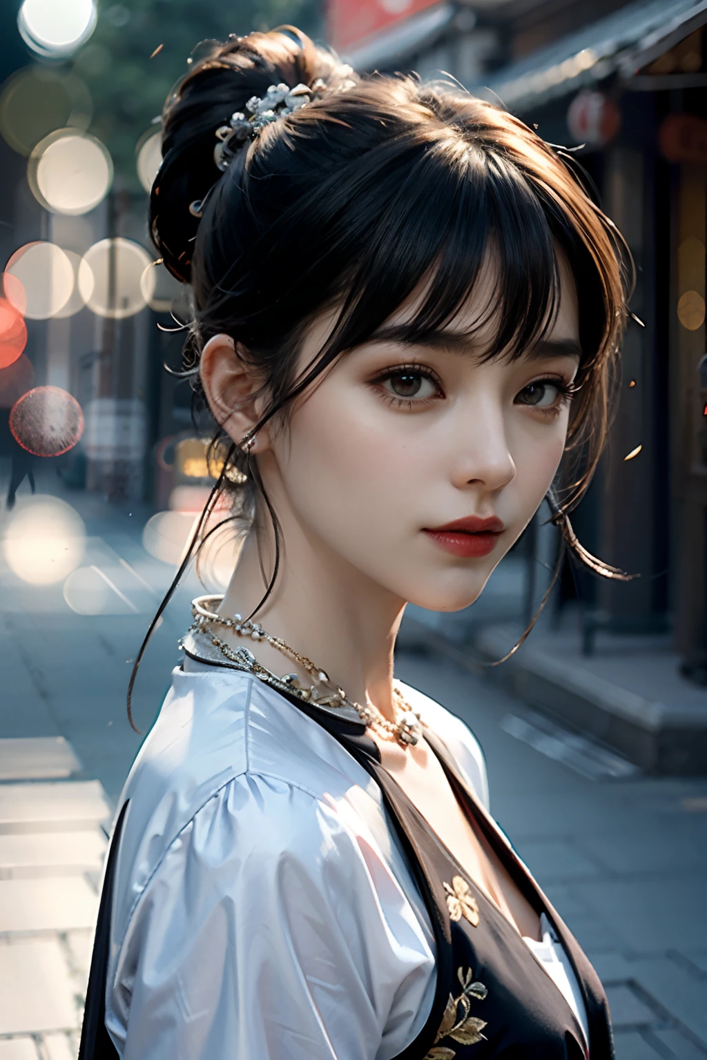Best quality, Masterpiece, A high resolution, 1girl,red China Hanfu,Streets in ancient Chinese cities background, ponytail hairstyles,hair adornments,necklace, jewelry,Beautiful face ,Photography, rim lit,(highdetailskin:1.2), 8K, Ultra HD, Digital SLR, Soft lighting, High quality, voluminetric lighting, high resolution, 4K, 8K, Bokeh