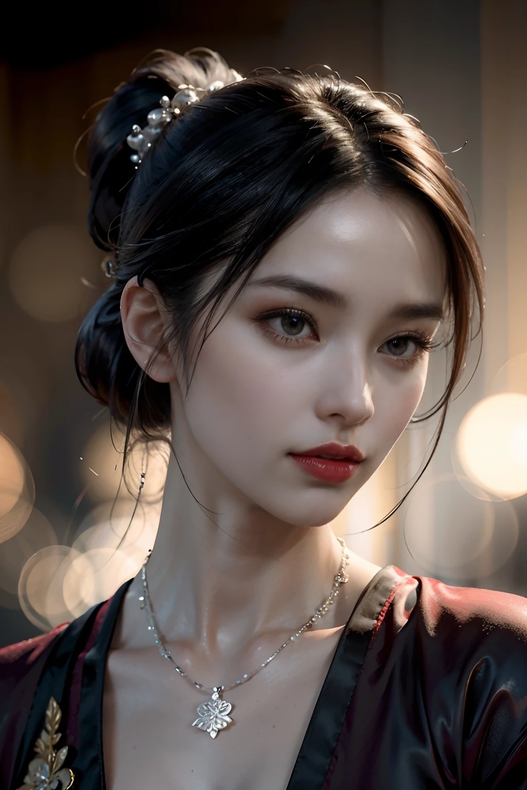 Best quality, Masterpiece, A high resolution, 1girl,red China Hanfu,Streets in ancient Chinese cities background, ponytail hairstyles,hair adornments,necklace, jewelry,Beautiful face ,Photography, rim lit,(highdetailskin:1.2), 8K, Ultra HD, Digital SLR, Soft lighting, High quality, voluminetric lighting, high resolution, 4K, 8K, Bokeh