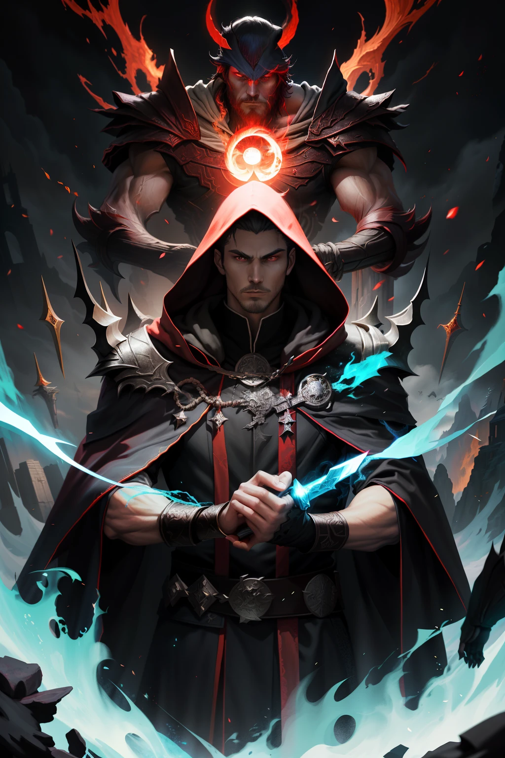The image of a man with a hood and a sword, evil male sorcerer, Epic fantasy digital art style, portrait of a mage, portrait of a red sorcerer, young shadow mage male, dark fantasy style art, fantasy mage, by Yang J, Epic fantasy art style, Mage, Epic fantasy art style HD, closeup portrait of an mage