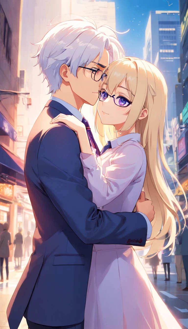 masculine, White Hair, Height 185 Height, short hairstyles, short hairstyles. Wear suit glasses.., Blue Eyes, 1 woman, long hair blonde hair, Height 155. Wear glasses, long-haired., purple eyes. Put on a dress... Stand hugging each other... Two hands, 20 years old.