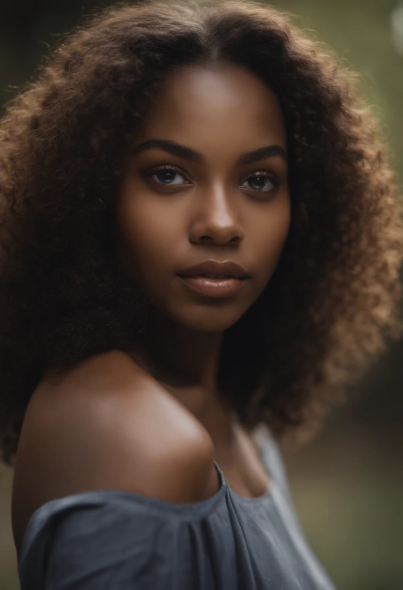 4k, photo reel, Photo ultra réaliste, meilleur qualité, très détaillée, une belle jeune femme noire, 20 ans, foncé de peau, cheveu bouclé sans filtre de beauté, naturelle, detailed eyes, photo portrait, photo identité