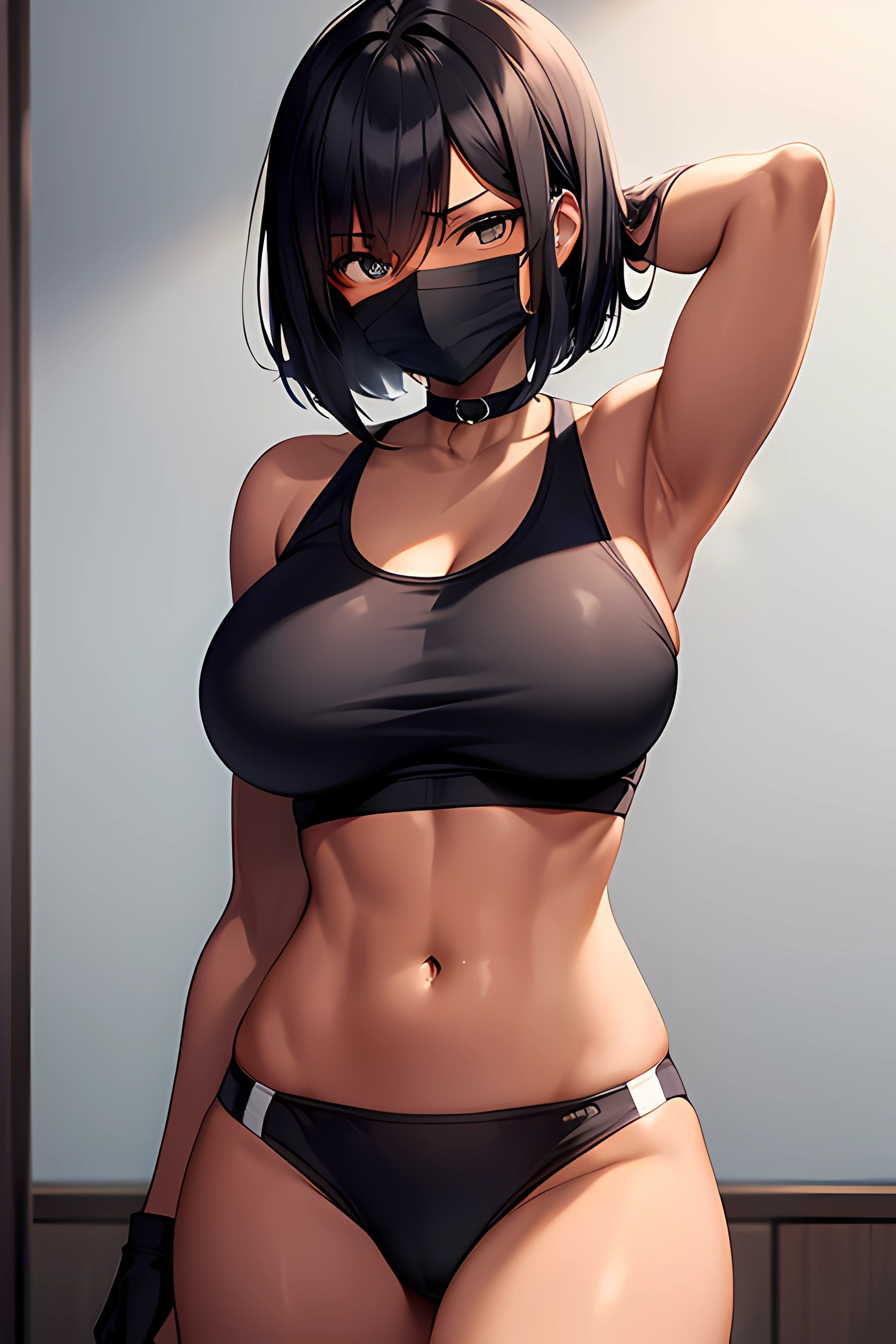 dark-skinned girl, big breasts, big ass, tomboy, gym outfit, mouth mask, sweating, in a dimly lit room, both hands on head, bob cut, black gloves, white sneakers, full body, sunny weather, from front, beautifully drawn eyes, perfect face, perfect body, muscular, naval, abs, beautiful girl, disgruntled, choker