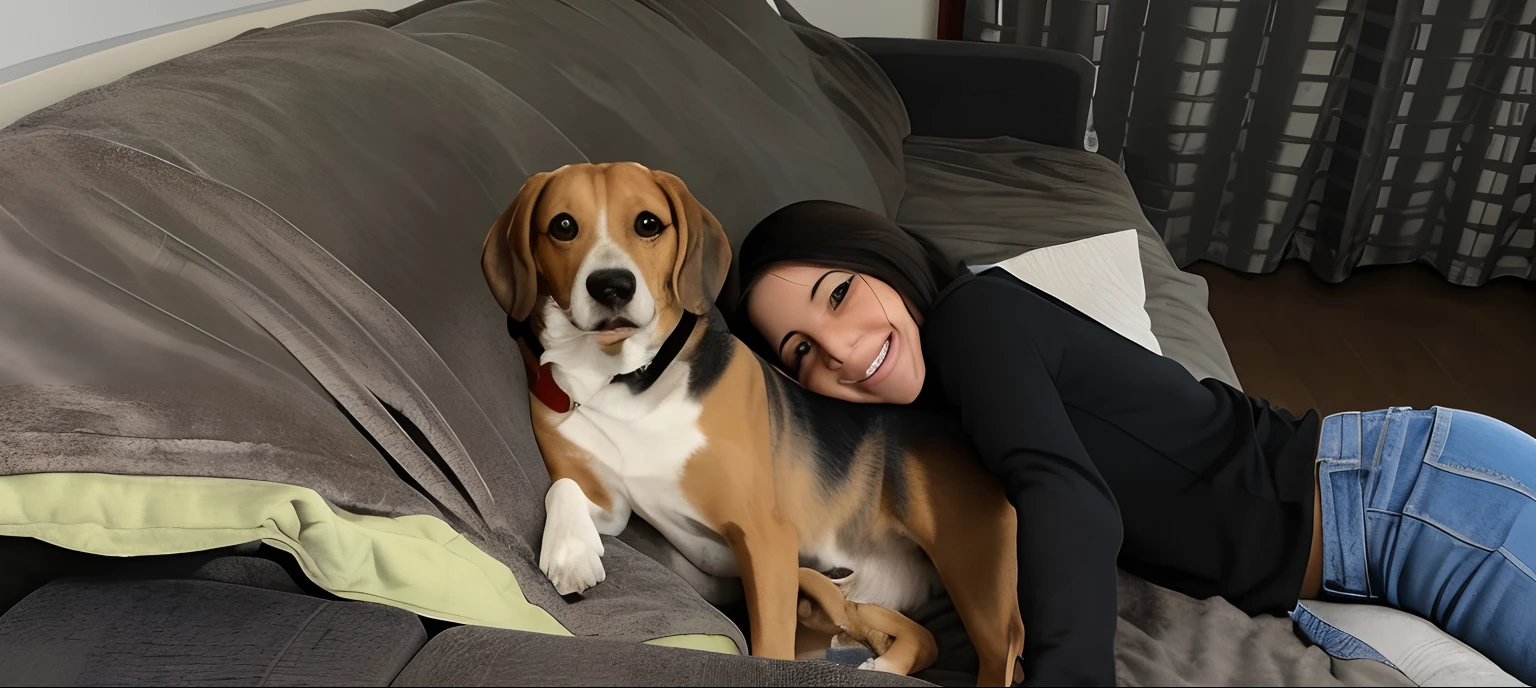 woman laying on a couch with a dog on her lap, foto de perfil, foto do perfil, ela tem cerca de 1 6 anos de idade, with dogs, tomada em 2 0 2 0, alta qualidade de imagem, imagem de qualidade muito baixa, Directed by: Emma Andijewska, imagem de perfil, both smiling for the camera, foto de uma bela, beagle bonito, 13 anos
