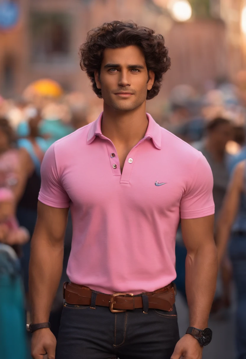 crie um banner no estilo Pixar. A man with Brazilian features, moreno pardo com cabelos bem curto, Castanhos, usando uma camiseta polo rosa claro,
Vestindo jeans preto e segurando um contrabaixo