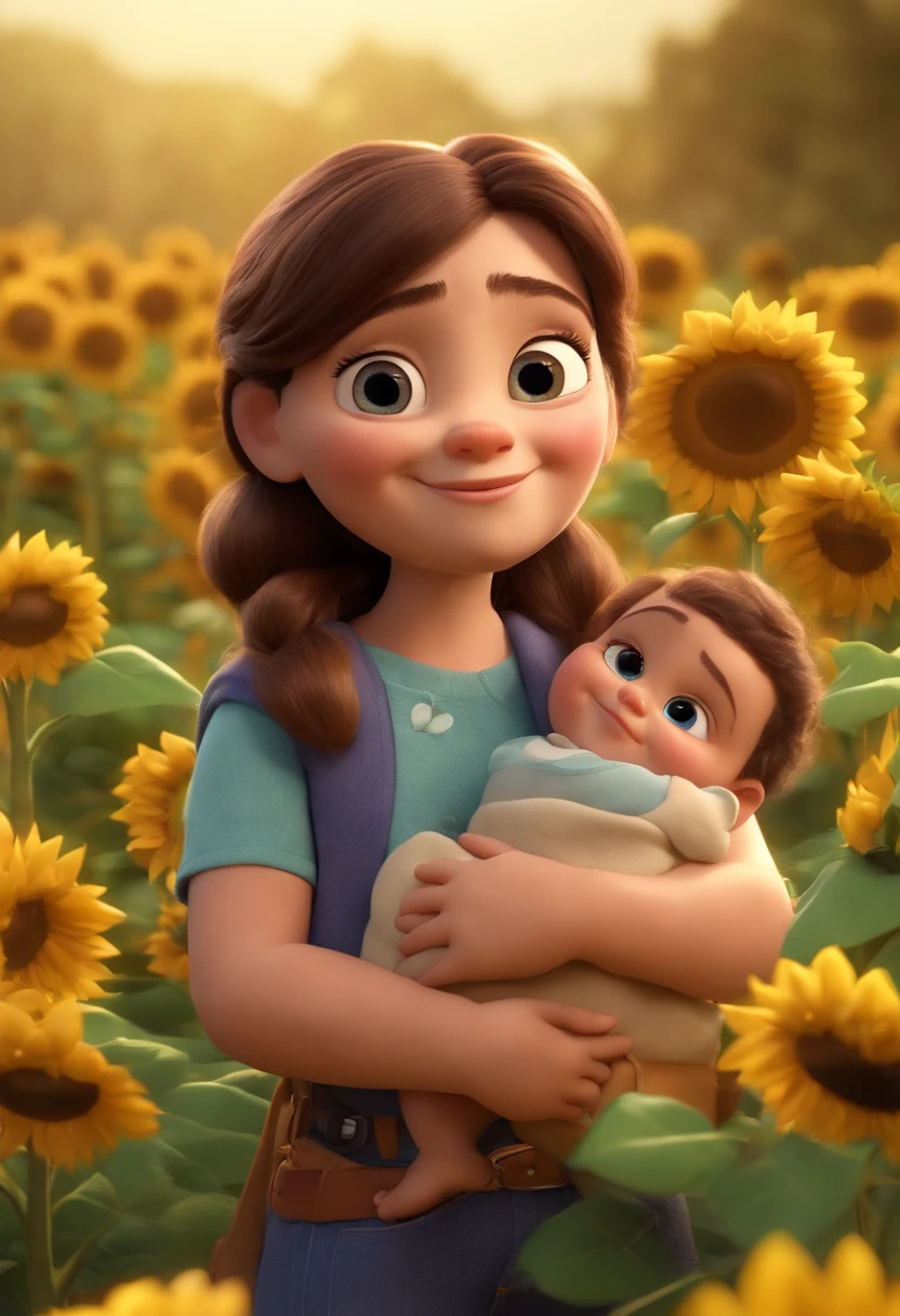 Create a Disney PIXAR-style 3D poster. Family of 5, ((3 Children's Center)), ((1 baby in the middle, 1 menina e um menino, They're hugging each other, O menino tem pele clara e cabelos castanhos claros e olhos castanhos claros, 1 menina tem pele clara, olhos e cabelos castanho claro e ondulado, And the baby has fair skin, olhos castanhos claro e cabelos loiro e lisos)) ((tudo isso no estilo Disney PIXAR 3D, In the background, A house of sunflowers, Gloria Studio, The garden is full of nature 3D render RTX clay material, estilo de design cartunesco, POP Mart, soft lighting, linhas suaves, Spring tilt, Detailed illustrations of PIXAR 3D, Detalhes hiper-realistas, cor quente no estilo Disney PIXAR 3D))