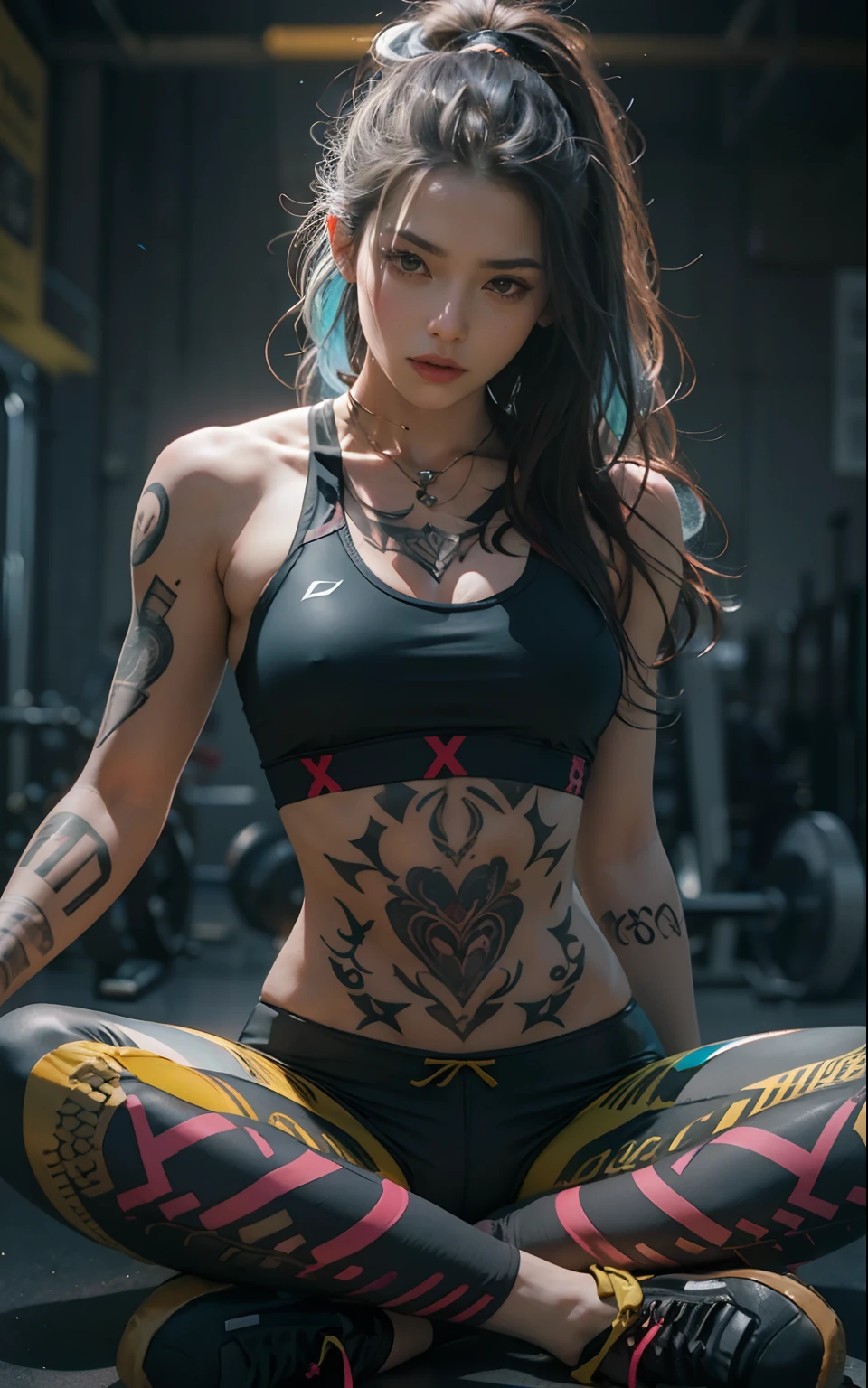 (best quality) Detailed sportswear girl, sitting on the gym floor, spread legs, wearing an intricate leggings and sports bra, highlighting the slight abs, while the chest tattoo adds a cinematic touch to the scene amidst the black tattoo, and cinematic lighting perfects the overall ambiance.