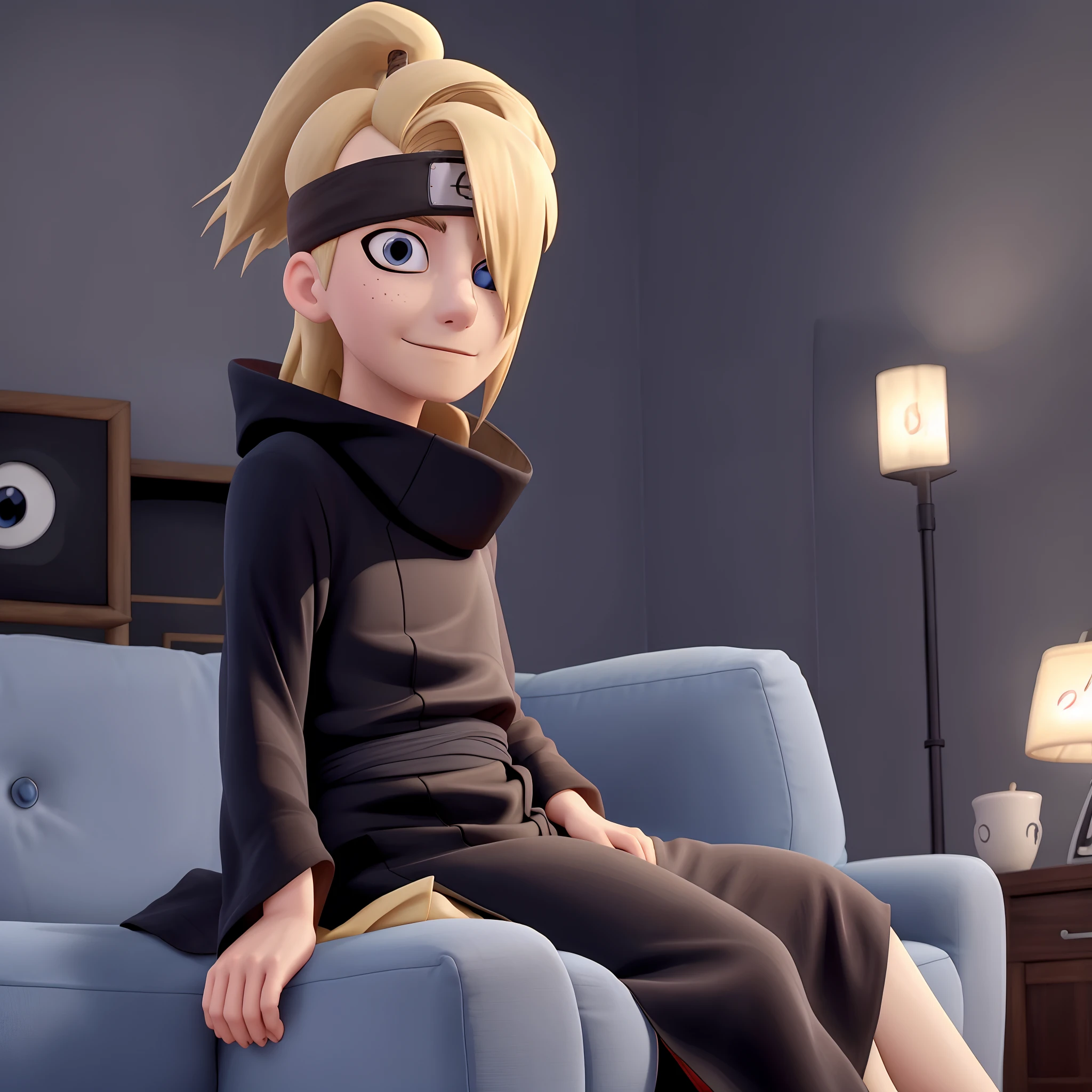 Deidara, solo, long black robes, blue eyes, bangs cover one eye, high collar, relaxed, sitting on a sofa,dynamic angle,upper body portrait, sneering