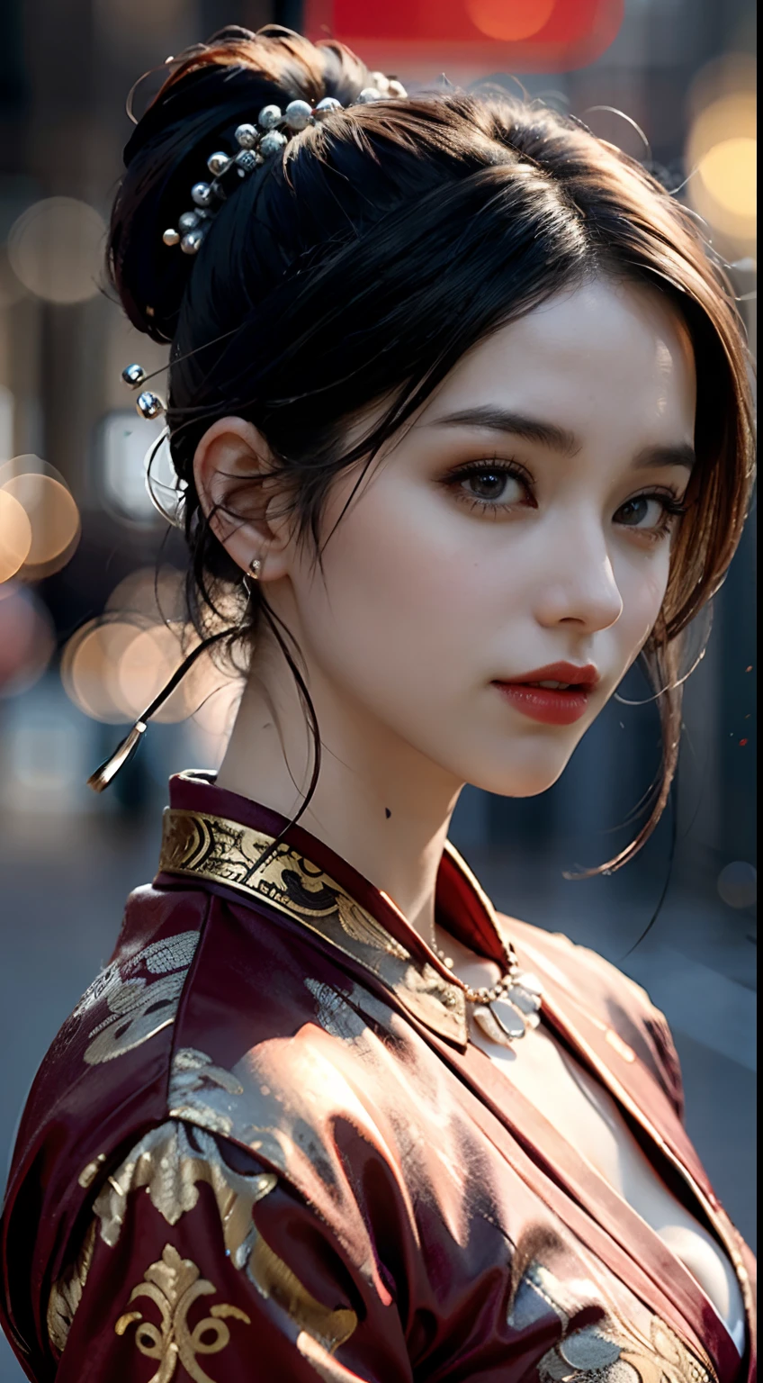 Best quality, Masterpiece, A high resolution, 1girl,red China Hanfu,Streets in ancient Chinese cities background, ponytail hairstyles，hair adornments,necklace, jewelry,Beautiful face ,Photorealistic, rim lit, twotonelighting,(highdetailskin:1.2), 8K, Ultra HD, Digital SLR, Soft lighting, High quality, voluminetric lighting, candid, photographed, high resolution, 4K, 8K, Bokeh