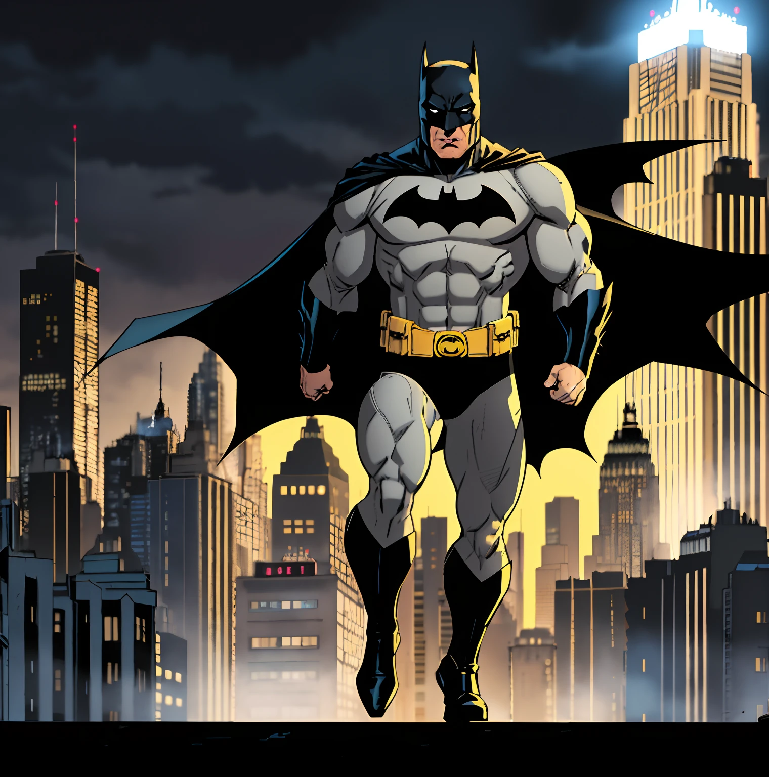 comic book style, batman,full body, grey bodysuit,1boy, dark scene, cowboy shot of batman, athletic, white eyes, no pupils, night city, muscular, muscular male, ragged and black cape,