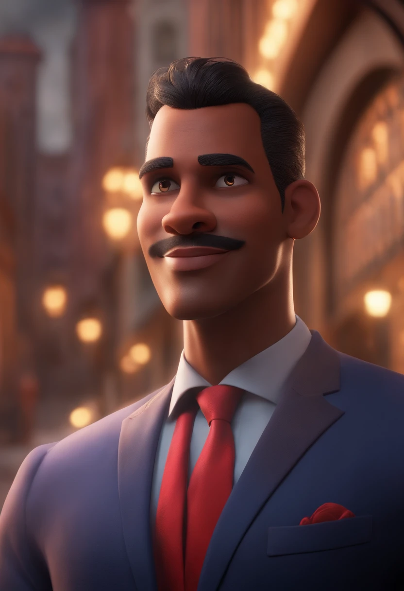 A city councilman looking at a dream project inspired by Pixar animation, de perto. The character takes center stage with captivating facial expressions, oferecendo um toque de irrealidade