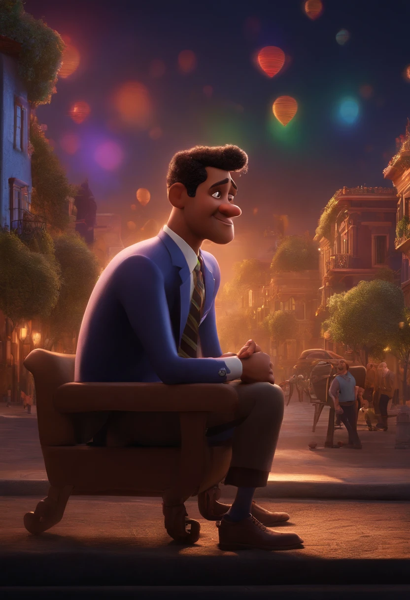 A city councilman looking at a dream project inspired by Pixar animation, de perto. The character takes center stage with captivating facial expressions, oferecendo um toque de irrealidade