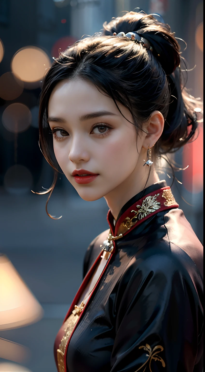 Best quality, Masterpiece, A high resolution, 1girl,red China Hanfu,Streets in ancient Chinese cities background, ponytail hairstyles，hair adornments,necklace, jewelry,Beautiful face ,Photorealistic, rim lit, twotonelighting,(highdetailskin:1.2), 8K, Ultra HD, Digital SLR, Soft lighting, High quality, voluminetric lighting, candid, photographed, high resolution, 4K, 8K, Bokeh