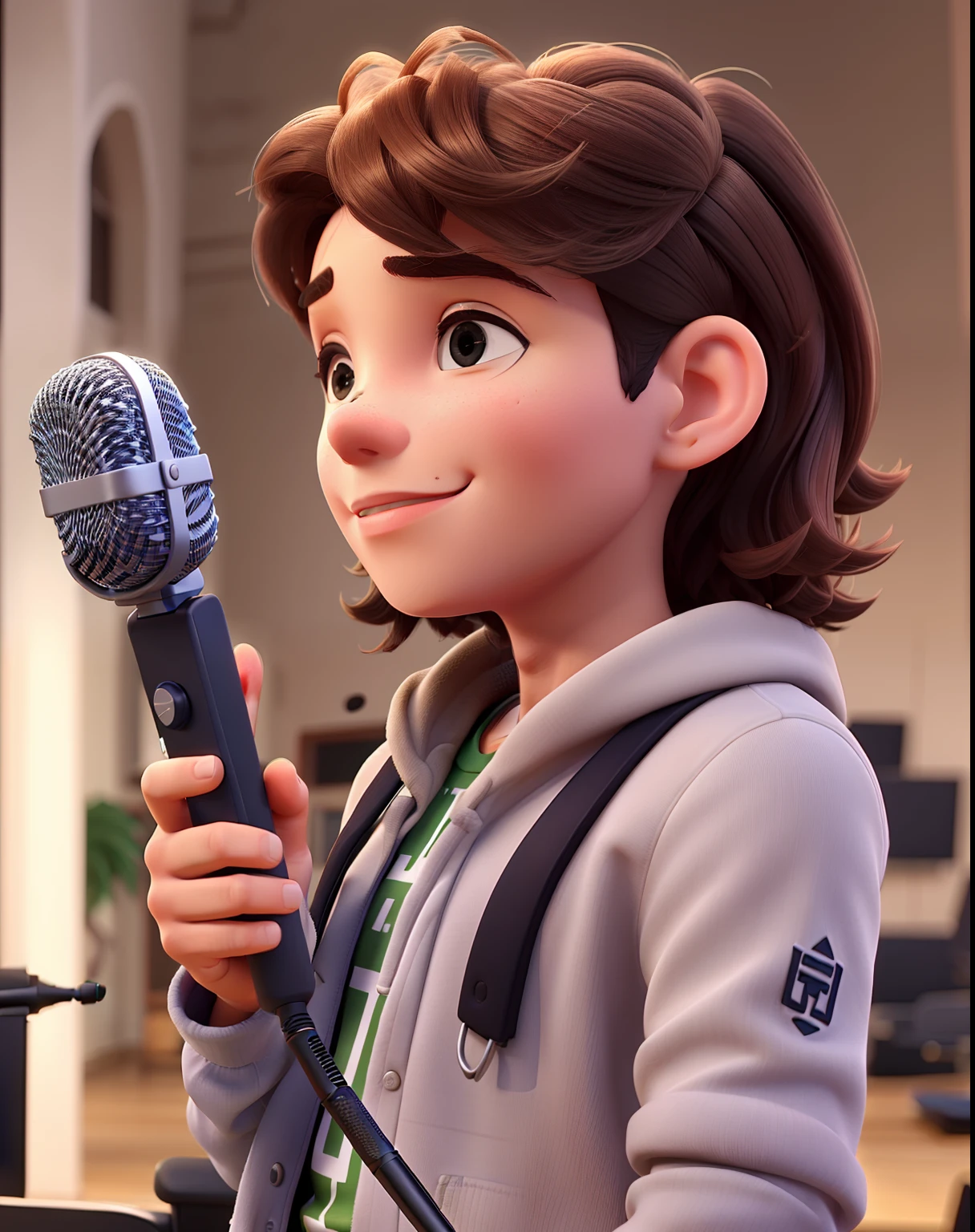 Um pastor jovem, curto, Bald hair with microphone in hand