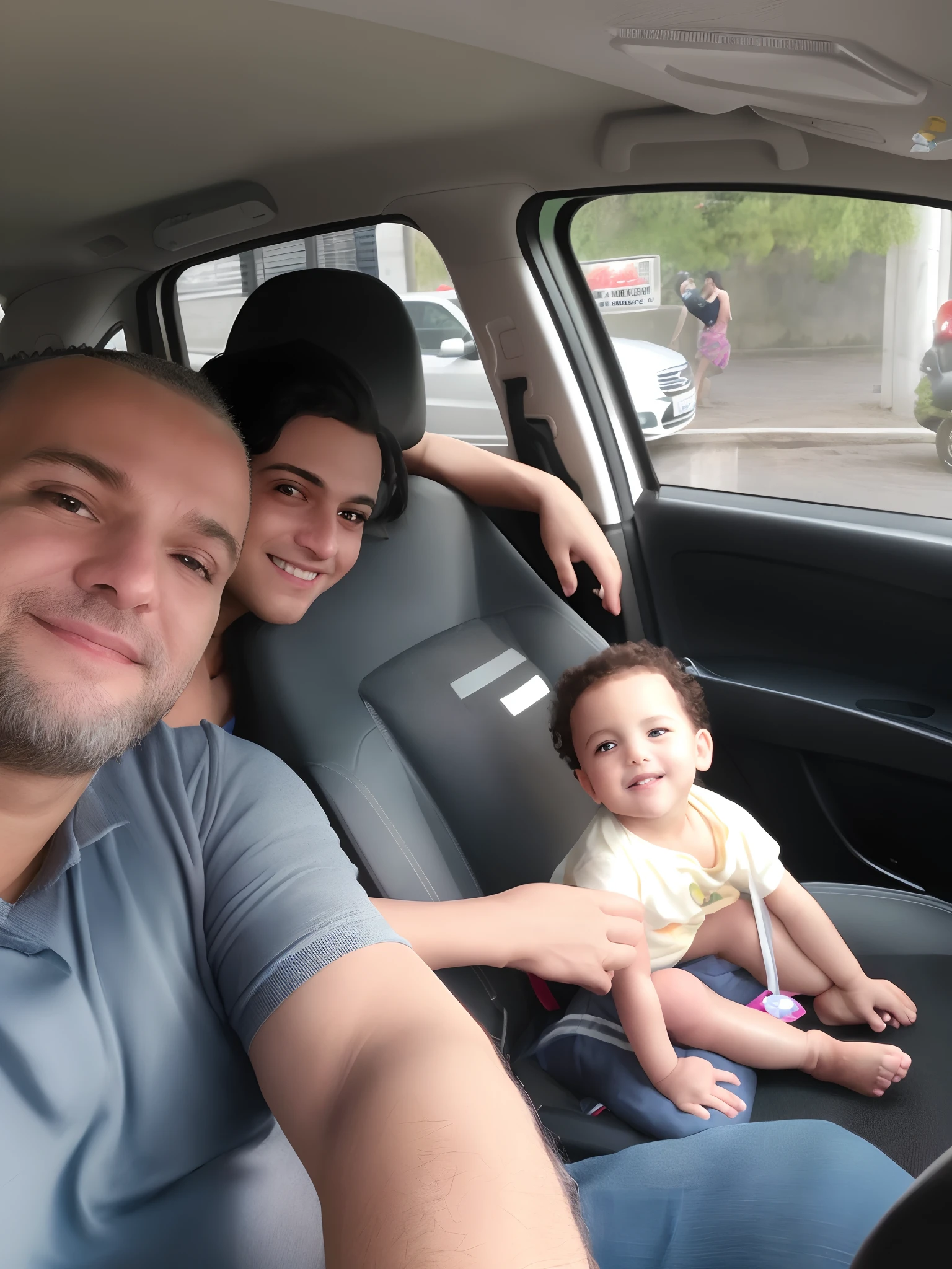 There are two people sitting in the back seat of a car, In Sao Paulo, sentada em seu carro, fotografia, Directed by: Nandor Soldier, Happy family, fotografia selfie, imagem de qualidade muito baixa, São Paulo, david rios ferreira, Foto POV, tiro de carro, Family photo, holiday photography, back to us, por Romain brook, muito bobo olhando