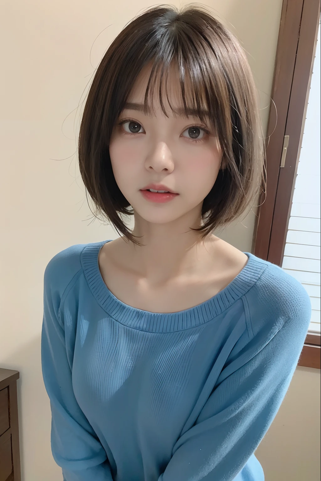 randome pose、top-quality、hight resolution、(Photorealsitic:1.5)、1人、Blue sweater、(Short Bob:1.2)、(smallunderboob:1.2)、a room、a closeup、embarassed face