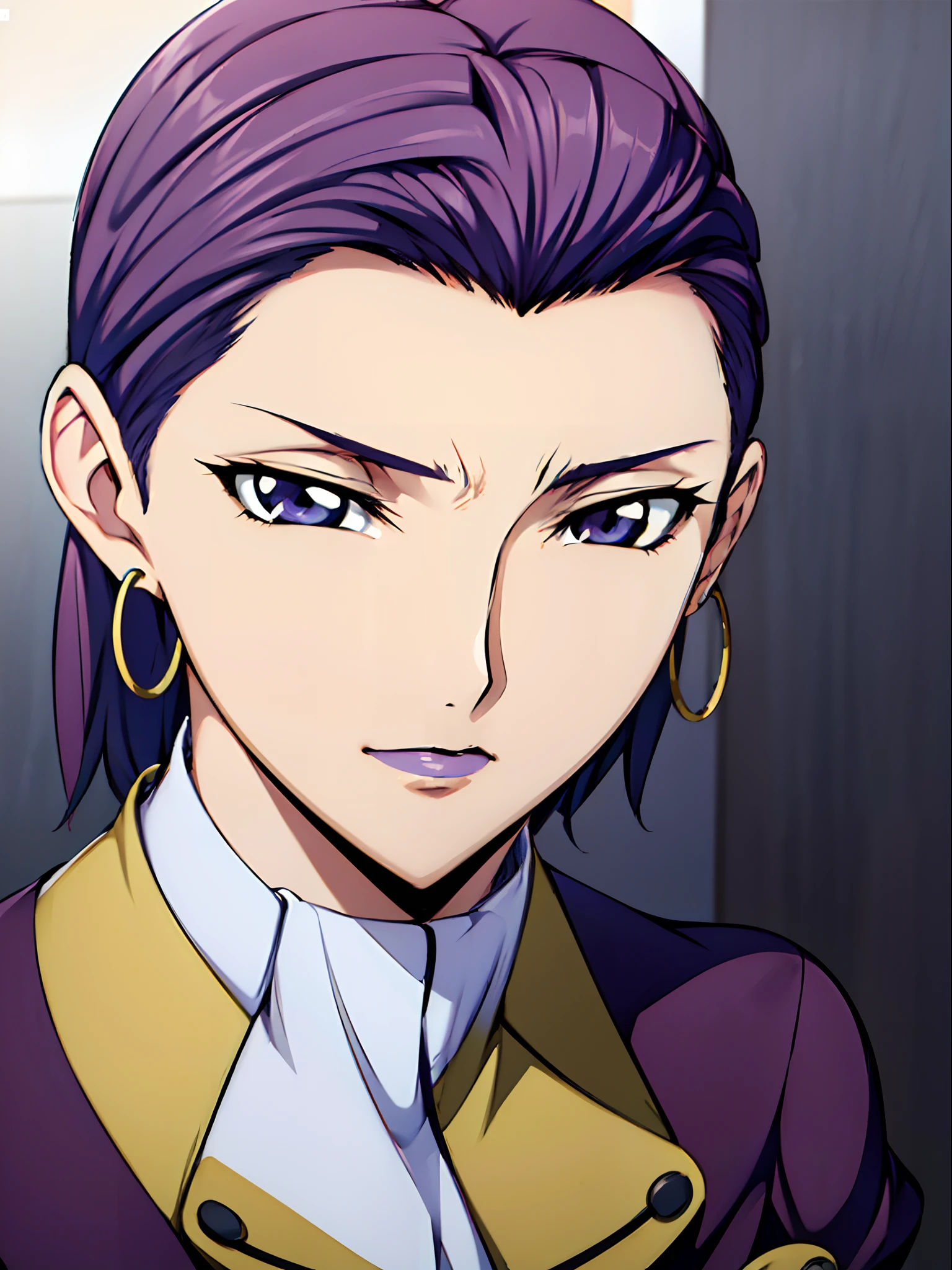 Simple white background,
purple outfit,Military, Military uniform,
(((Purple hair))),Purple eyes, ((((straight Hair)))),makeup,
1 girl, 35yr old,milf,Beautiful Finger,Beautiful long legs,Beautiful body,
Beautiful nose,Beautiful character design, Perfect eyes, Perfect face,Expressive eyes,Perfect balance,
Looking at Viewer,(Focus on her face),Closed mouth, (Innocent_Big_Eyes:1.0),(light_Smile:0.3),
Official art,Highly detailed CG Unity 8k wallpaper, Perfect Lighting,Colorful, Bright_front_Face_Lighting,White skin,
(masutepiece:1.0),(best_quality:1.0), 超A high resolution,4K,Ultra-detailed,
Photography, 8K, nffsw, hight resolution, absurderes:1.2, Kodak Portra 400, Film grain, Blurry background, Bokeh:1.2, Lens Flare, (Vibrant_Color:1.2),professional photograpy,
(Beautiful,breasts:1.0), (Beautiful_Face:1.5),(narrow_waist),(((((((((very_short_back_hair))))))))),((((hoop_earrings)))), ((((((hair slicked back))))))