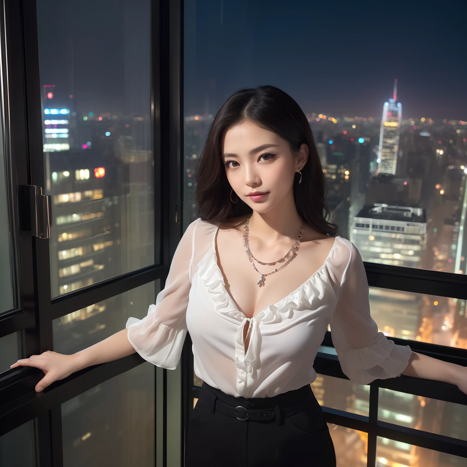 ((1人の女性,Beauty Secretary: 1,25-years old,Classy long-sleeved blouse,Classy pants,a necklace,Wave Shorthair,Beautiful wavy shorthair,Big smile,looking happy smile,Room in a tower apartment on the 40th floor,One huge window in the background,Huge windows,nighttime scene,Complex night scene,From the window, You can enjoy the view from the 40th floor,Faces close,Beautiful night view in the background,Midnight,Panoramic night view,Midnight view,Midnight,Looking at the camera,Shot from the waist up)),((Perfect makeup,Glossy lips,The most beautiful faces in Japan,long eyelashes,adultlike face,Adult beauties,smil,Beautiful lips,Perfect glossy lips,Faces close,Staring at this,Breasts are big)),((The best lighting for epic movies,super-fine,beautiful hairl,Detailed rooms in luxury apartments,Romantic night view,Complex night scene,Detailed night view,,super-fine,beautiful hairl,The most beautiful faces in Japan,View here,Perfect fingers,face perfect,细致背景,Fair skin,Crystal clear white skin,Perfect fingers,细致背景,top-quality,The ultra -The high-definition,Perfect Anatomy,high-definition RAW color photography,professional photograpy, Very delicate, Extremely detailed,finely detail, Huge file size,Top image quality,8K,Award-Winning Works,masutepiece,Professional filming,a high chroma))