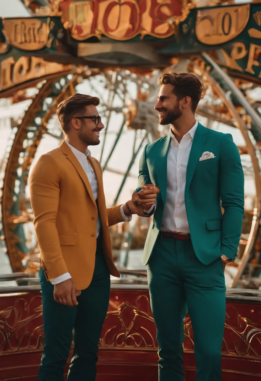 There are two men standing next to each other in front of a Ferris wheel, orgulho gay, estao apaixonados. Homem a direira com 19 anos e cabelo cacheado curto, short beard and glasses. Man on the left in a cap in his 20s. Roda gogante ao fundo colorido. Amor. fun. Gay.  Disney pixar.