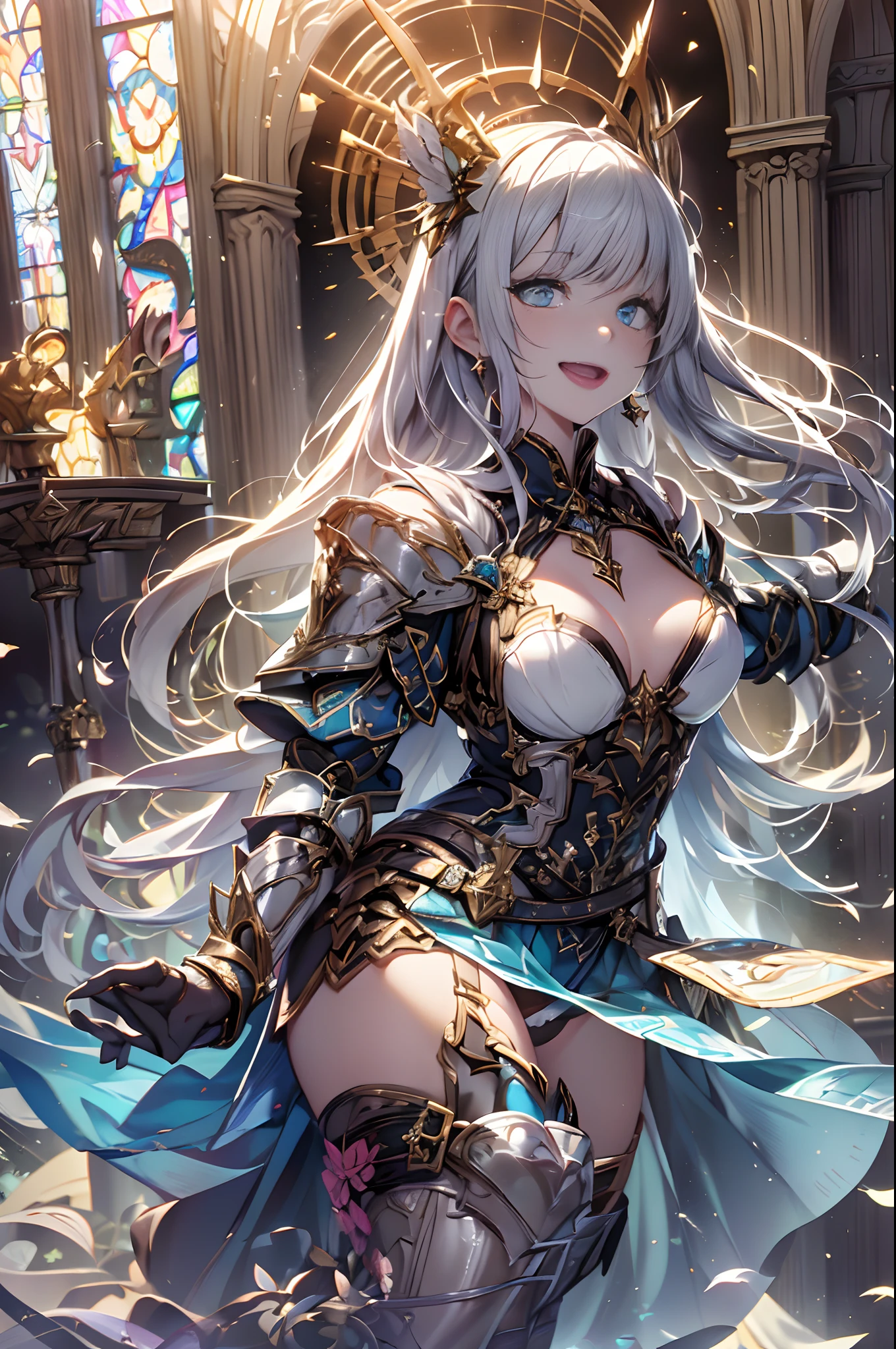 (Official art、Best Quality、Unity 8k Wallpapers、32K、masterpiece、ultra-detailliert、超A high resolution、The best illustrations、Very ridiculous:1.2)、(Cinematic lighting:1.2)、Fireglow effect、film grains、Best Shadows、Rim lighting、side lights、(Ultra-detailed and complex 3D rendering)、Detailed beautiful face and eyes、Sharp pupils、Realistic pupils、A slender、1Man Woman、Medium bust、(Full body:1.2)、 beauitful face、-yeld beiful girl、(super detailed skin、detailed skin textures:1.3)、(silver blond、Blue-silver hair:1.3)、Paladin、Longhaire、Blunt bangs、Green eyes、Braids、(Blue Armor、Blue Boots、hair adornments、Jeweled、Gold embroidery)、A slender、a miniskirt、(thighs thighs thighs thighs:0.8)、(chies、in a house、Artistic stained glass、Large pipe organ、Hello Point、Mystical、a lot of feathers float、angelicales、Wings of an angel on the back、Particles of light、solemnity、Sunlight is、colourfull、Fantastical:1.2)、(Fantastical:1.3)、(dynamicposes、Hold Sword:1.3)、Fantastical、Smile with open mouth、