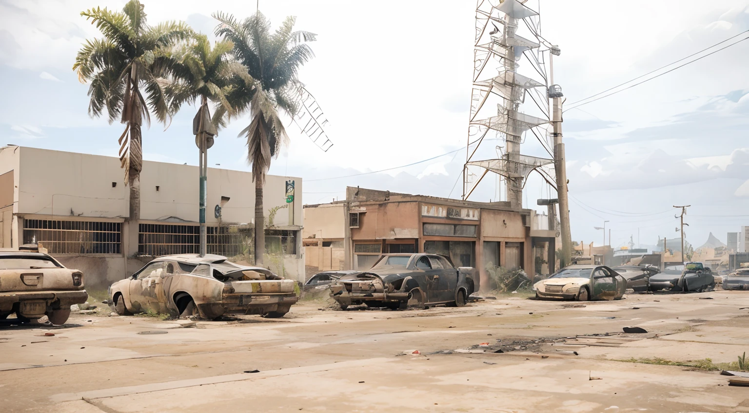 Post-apocalyptic city with vegetation growing on the streets, destroyed cars, The Last of Us style, realistic best quality, 8K with grass growing on the street