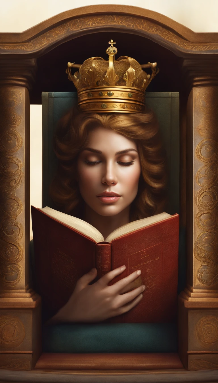 realistic illustration, Rei davi no trono pensando segurando a biblia, with crown on the head. Arte realista do Rei Davi lendo a biblia sentado no trono