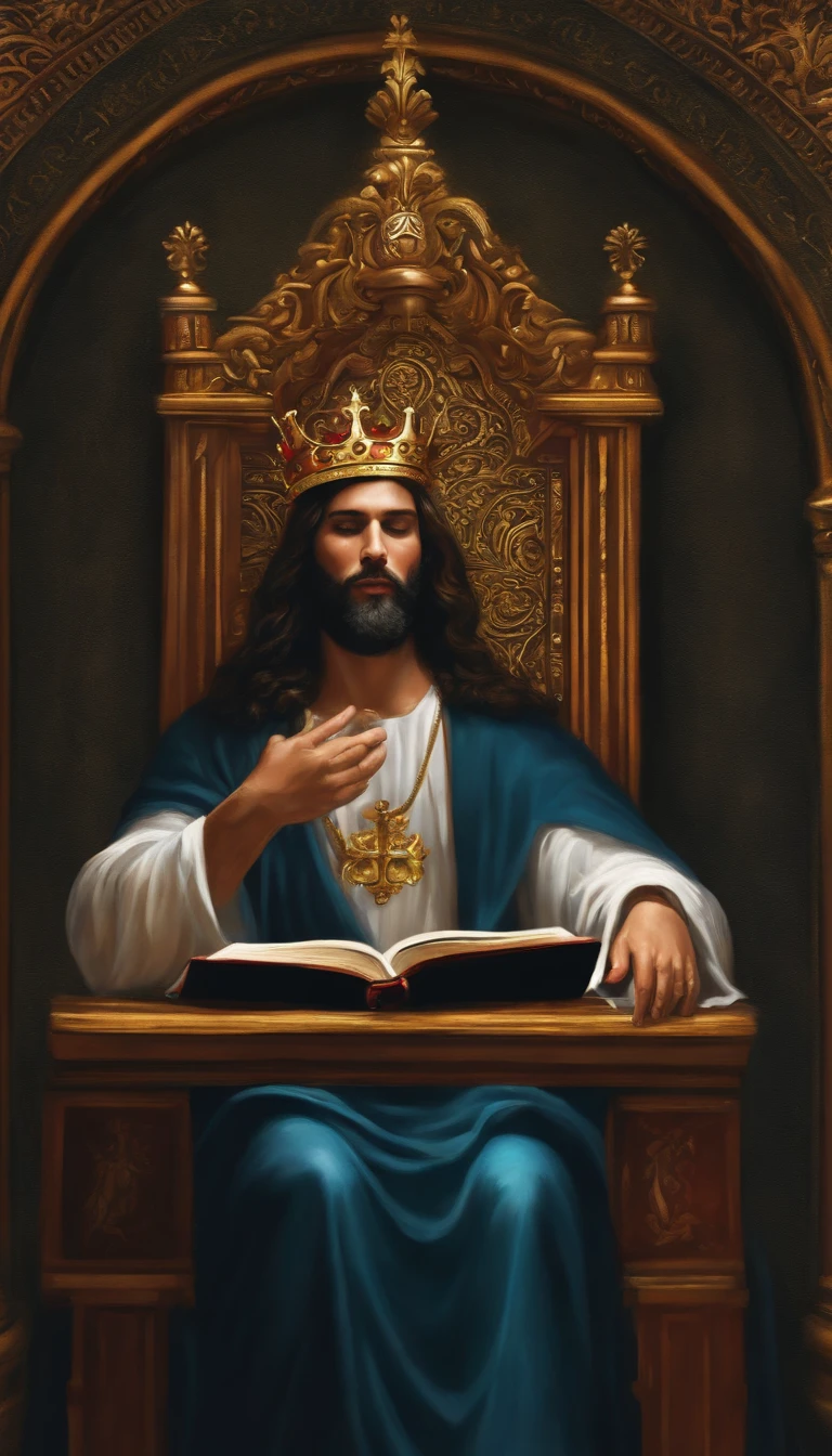 realistic illustration, Rei davi no trono pensando segurando a biblia, with crown on the head. Arte realista do Rei Davi lendo a biblia sentado no trono