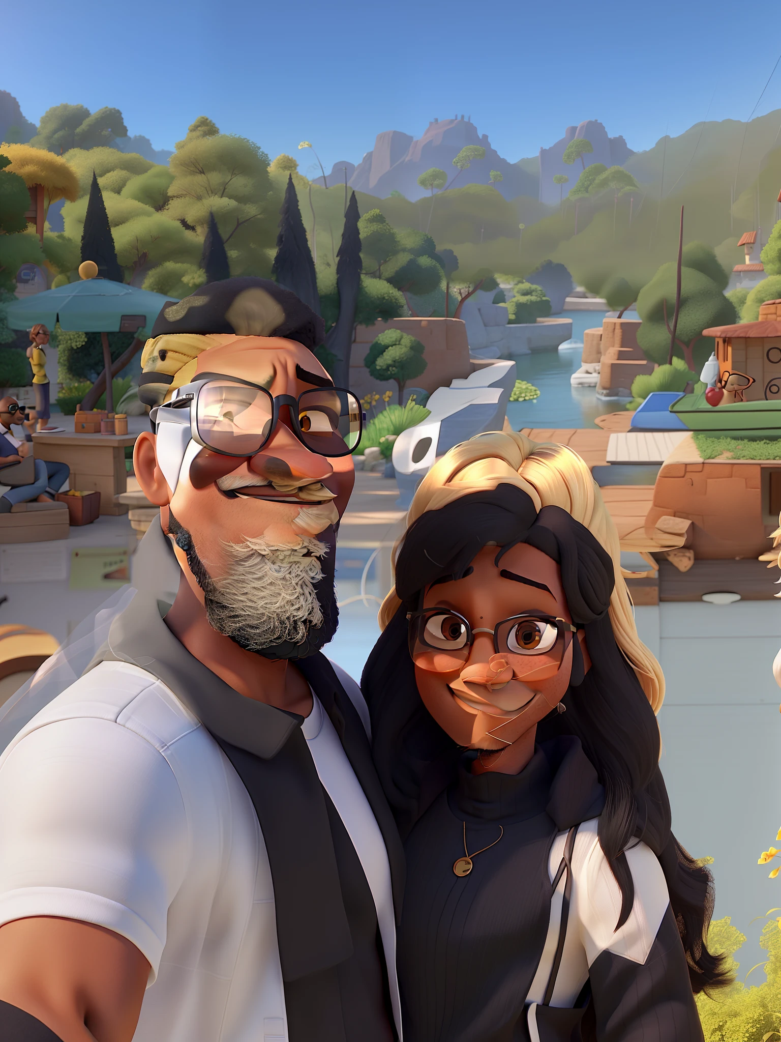 Casal (Bald black man with beard wearing sunglasses and white woman with blond hair, wearing prescription glasses ) no estilo Disney Pixar, alta qualidade, melhor qualidade.