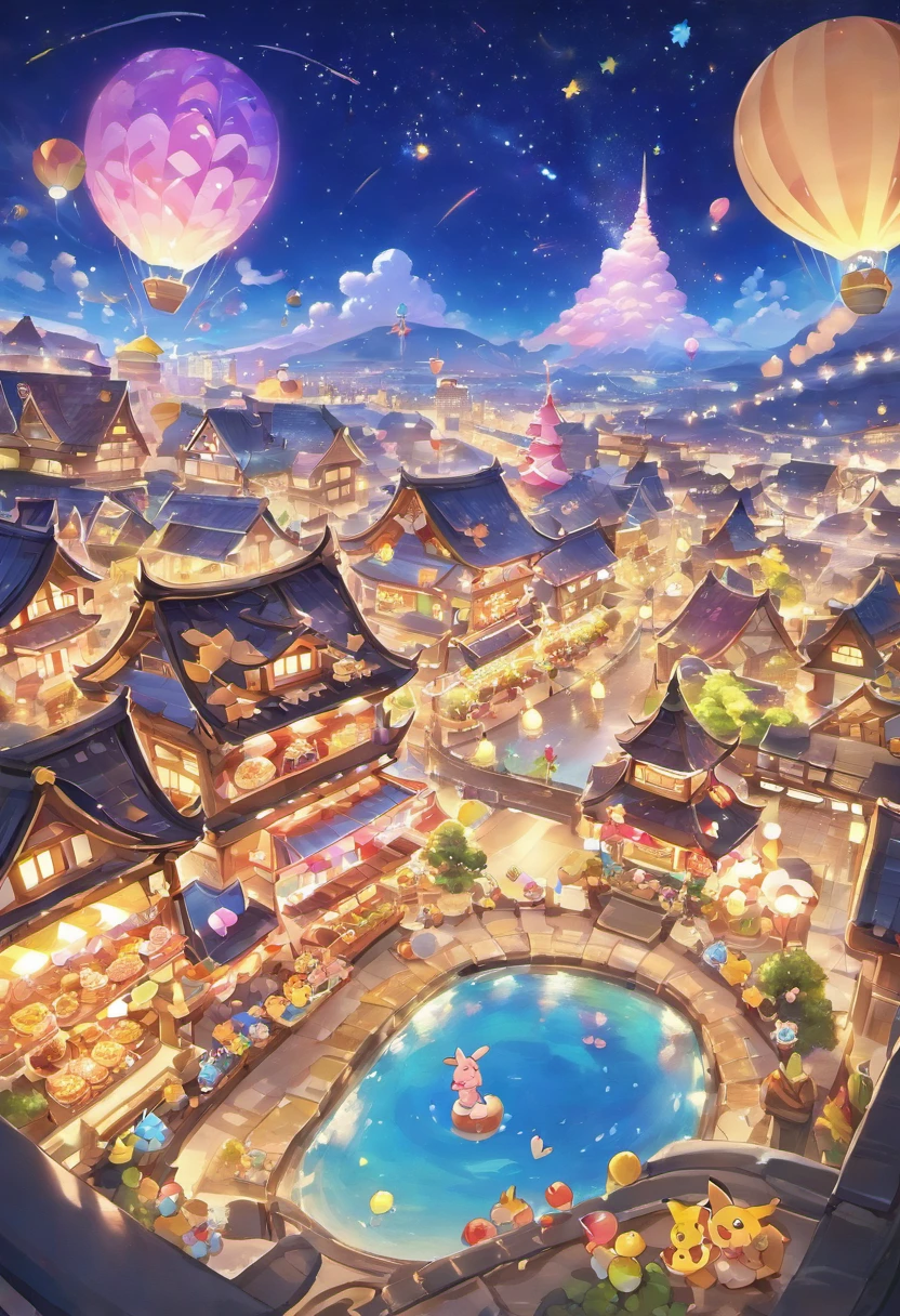 Night view of the land of sweets、The dynamic and expansive cityscape can be seen far into the distance、A gaze looking down from the top of the slope、Fantastic atmosphere、Watching from a distance、A house made of cookies has a chocolate roof、Rides made of candy、Table made of chocolate、A sparkling world、top-quality、masterpiece、night landscape、A city illuminated by street lamps、Be overwhelmed by the powerful cityscape、You can see the Ferris wheel in the distance、Fireworks are going off、Cotton candy cloud、Cityscape illuminated by moonlit night、Twinkling Stars、Mixed Juice Lakes、Detailed building window frames and even cookies、