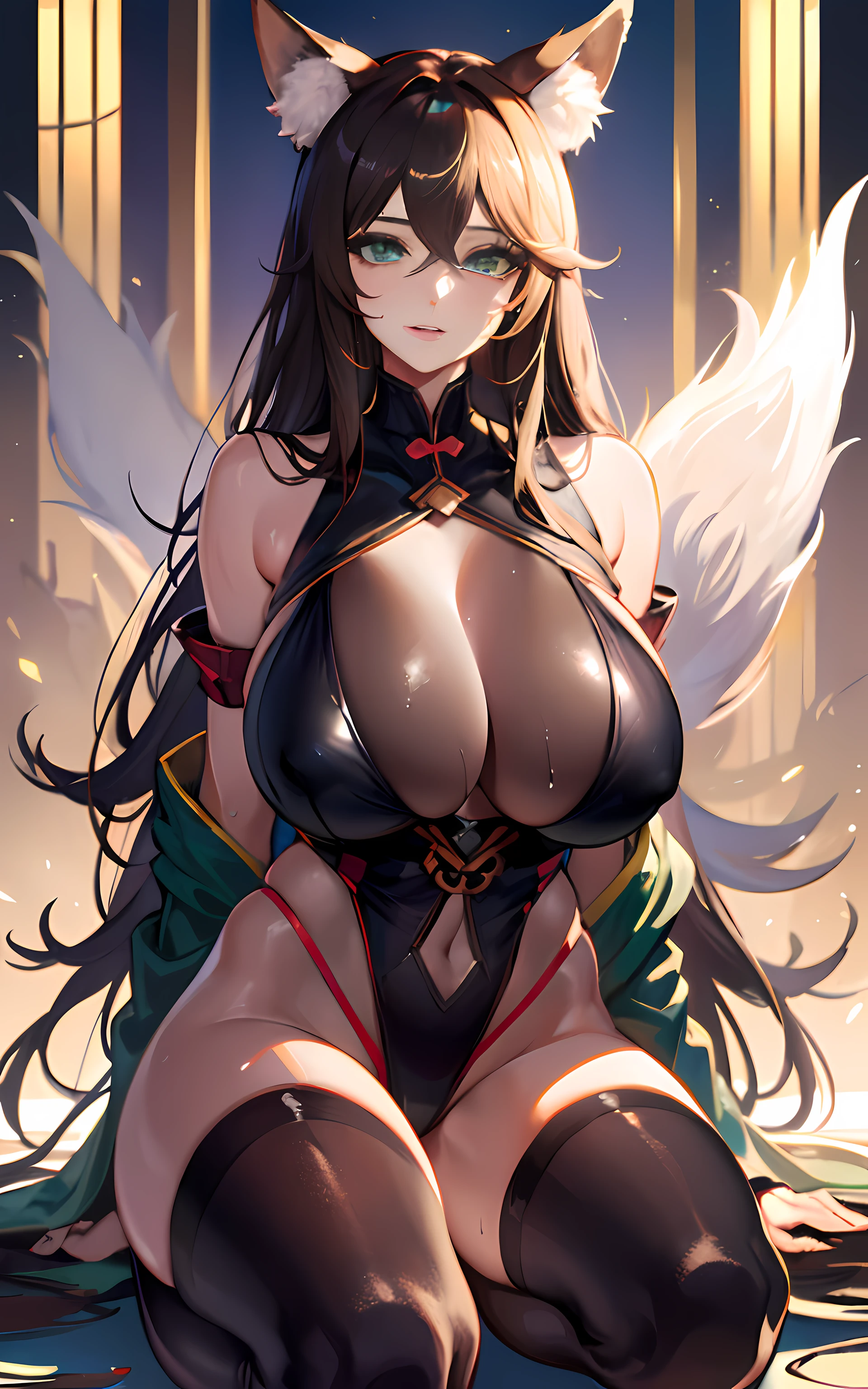 (Masterpiece: 1.5), (Best Quality: 1.5), Perfect Eyes, Perfect Face, Detailed Eyes, Volumetric Lighting, 1 Woman, Mature Woman, (Whiteness: 5), fox ears, fox tail, dark brown hair, green eyes, long hair, sexy, full body, kimono, wet skin, shiny skin, tight clothes, shiny clothes, oily skin, oily clothes, big breasts, cleavage, revealing clothes,