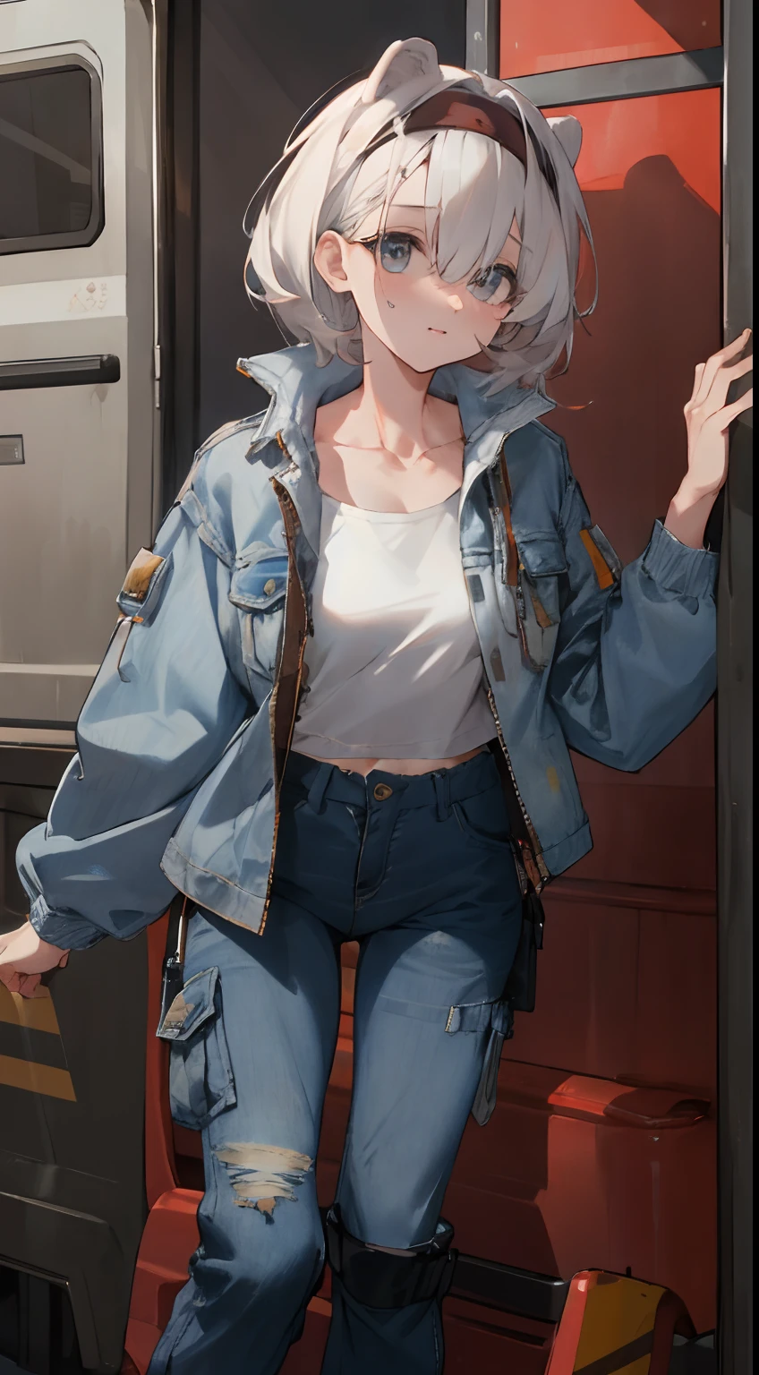 Leakage out of the collarbone，Neck leakage，a queen，Denim jacket，cargo pants